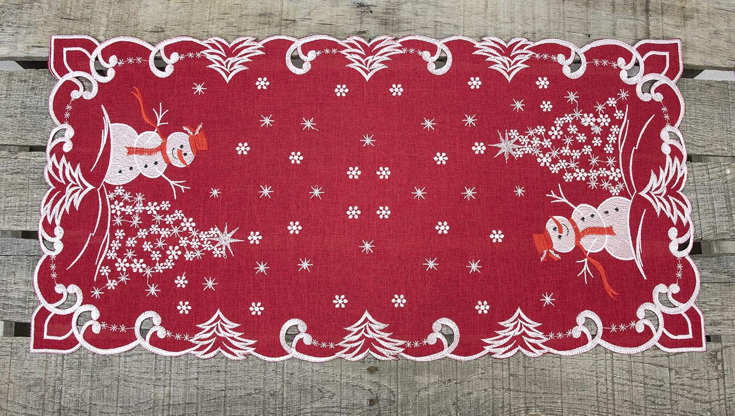 Beautifully Elegant Silver Star Topped Trees and Snowman on Red Table Runner, Dresser Scarf, Coffee Table Runner, Doily (13.5Wx27L)