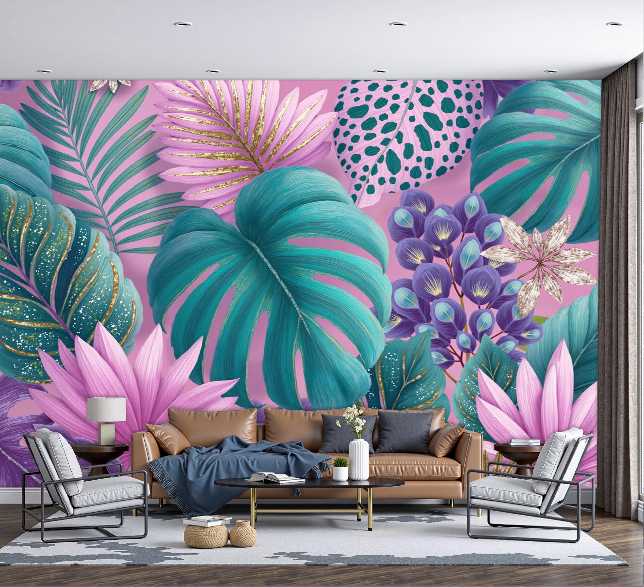 Papel tapiz 3D de estilo tropical con hojas de monstera y suave tejido de seda para el dormitorio.