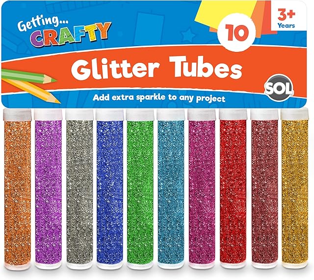 10pk Kids Glitter Tubes in 10 Assorted Vibrant Colours | Craft Glitter Shaker for Kids, Arts and Crafts | Glitter for Slime | Glitter for Wax Melts