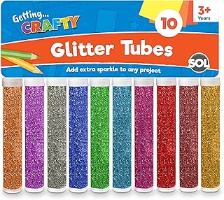 SOL 10pk Kids Glitter Tubes in 10 Assorted Vibrant Colours - Fine Glitter for Arts and Crafts, Slime, Card Making, Nail Art, and Decorations - Easy-Pour Shaker Pots for Kids and Adults