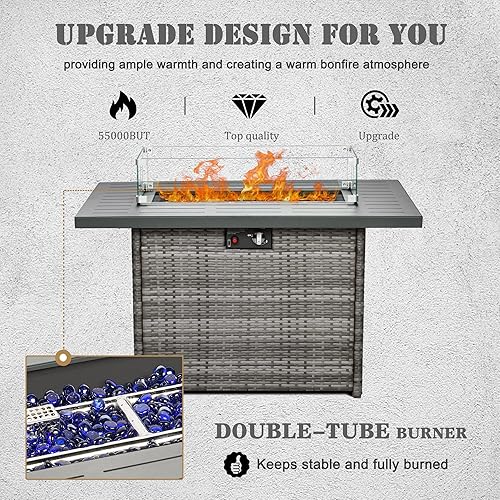 Miniatura 17 de Mesa para fogata de propano, 44 pulgadas, 55000 BTU, rectangular con protector de viento de vidrio para patio exterior