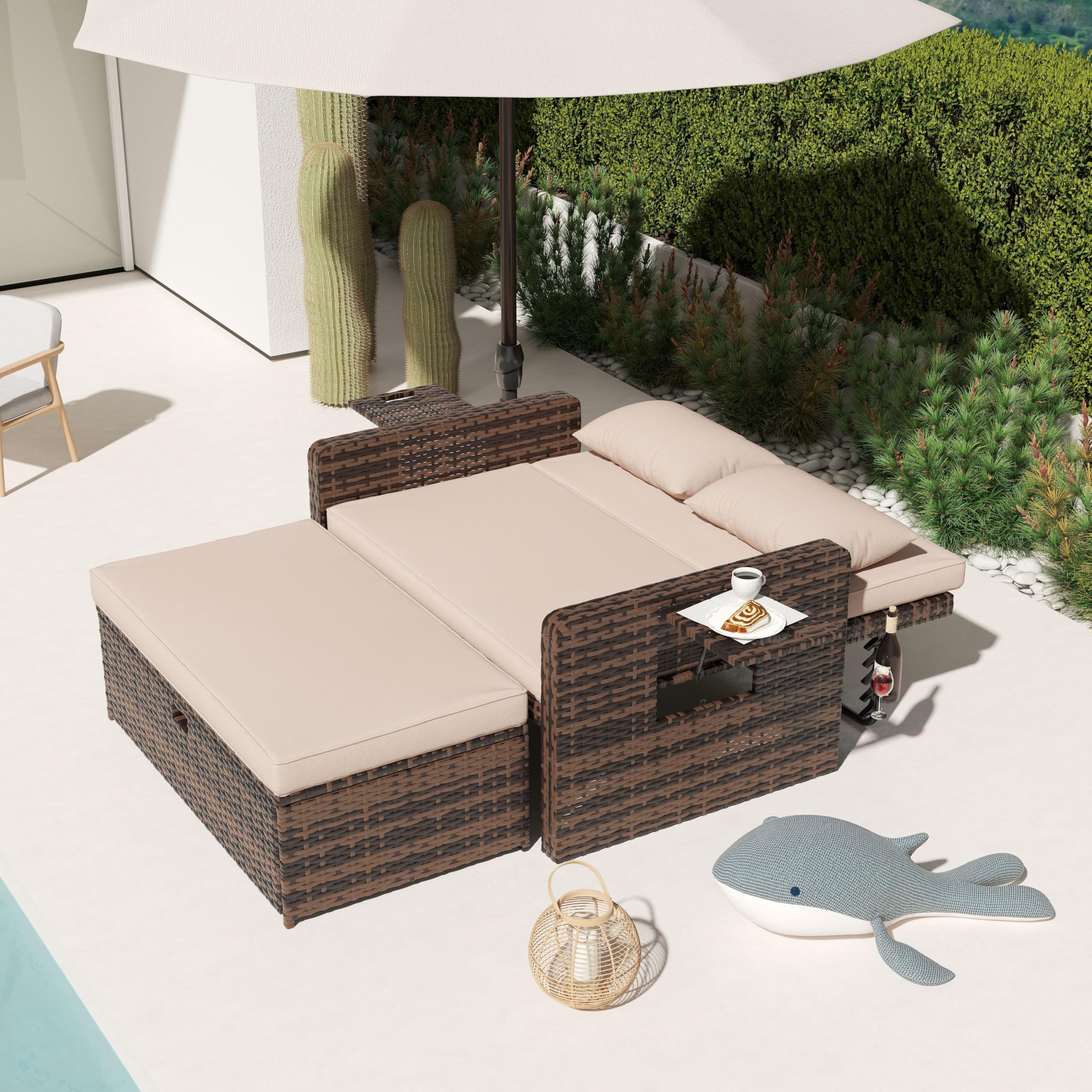 UDPATIO Sofá de Ratán 2 Plazas con Reposapiés con Almacenamiento, Muebles de Salón de Ratán para Exteriores con Respaldo Regulable y Cojines Gruesos, para Terraza y Jardín - Beige