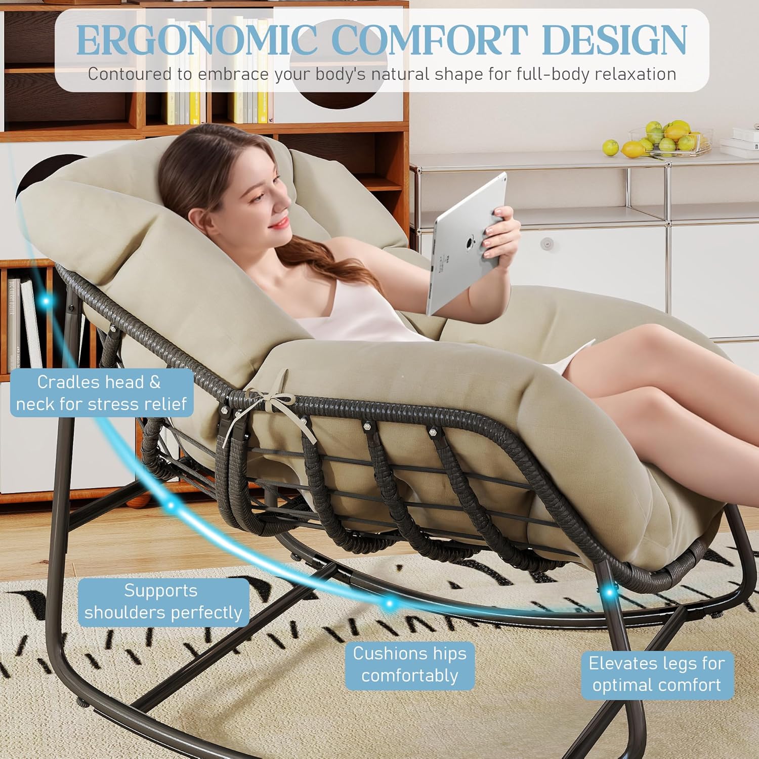 Fancyango Oversized Egg Rocking Chair for Indoor/Outdoor – All-Weather Wicker Rattan Lounge Chair with Cushion, Patio Rocker for Porch, Garden, or Balcony (Beige, 37''Dx37.4''Wx31.5''H)