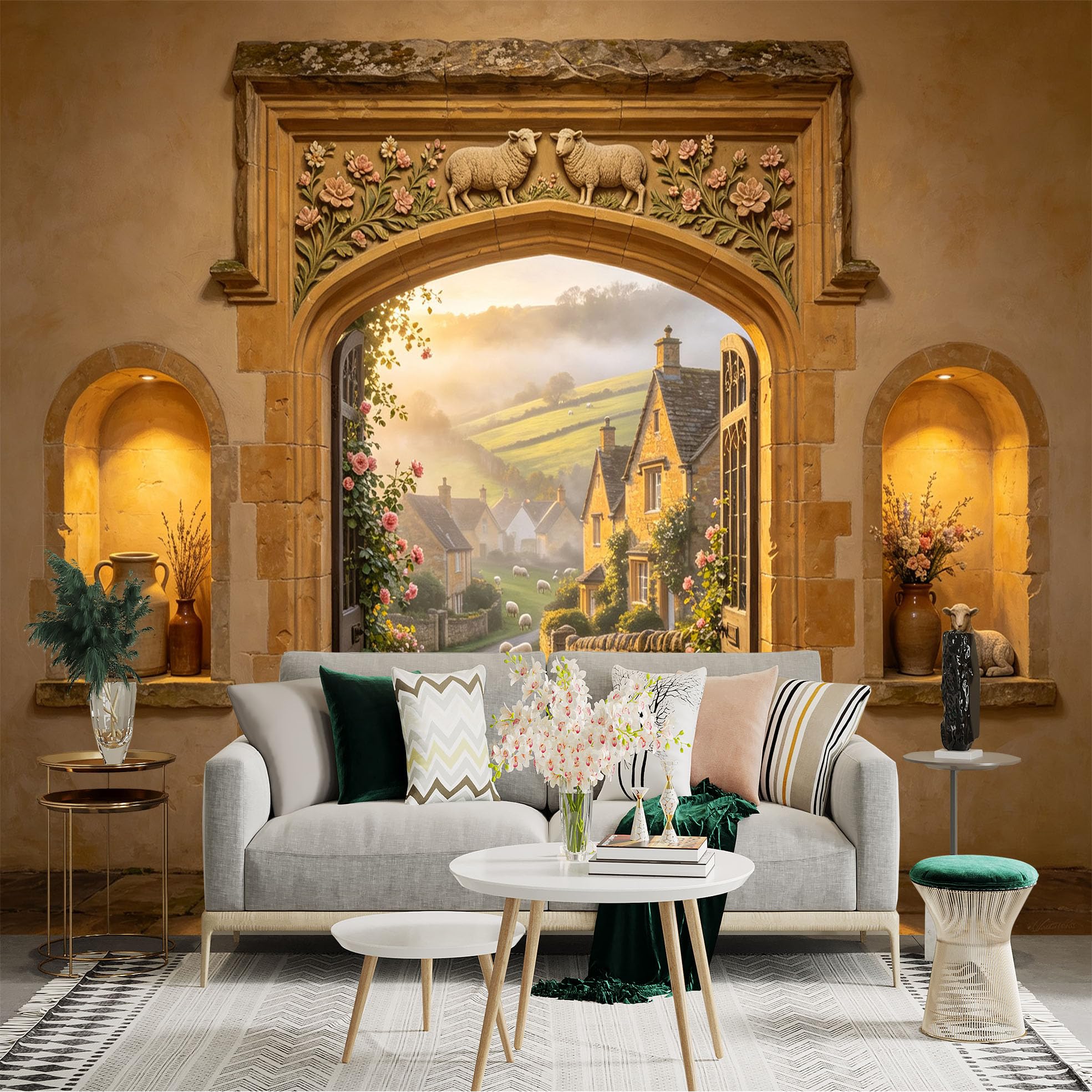 Custom Size Wall Sticker Mural， Rustic Village Path， Stone Archway， Countryside Cottage， Sheep Meadow， for wall Decoration， peelandstick wall Decals.