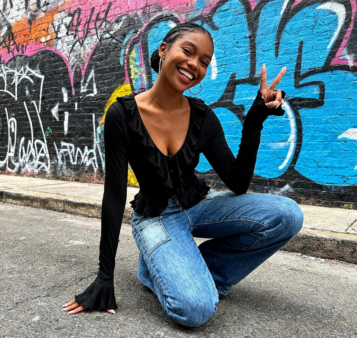 Women Going Out Tops Ruffle Trim Button Front Deep V-NeckFlared Sleeve Long Shirt Y2k Crop Top - Image 4