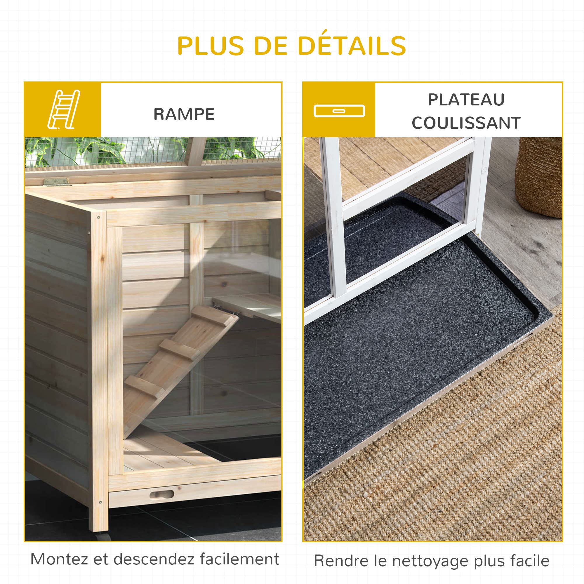 PawHut Cage à Lapin clapier sur roulettes Petit enclos Animaux en Bois Massif 2 étages Toit ouvrant Plates-Formes 91,5 x 53,3 x 73 cm Bois Naturel