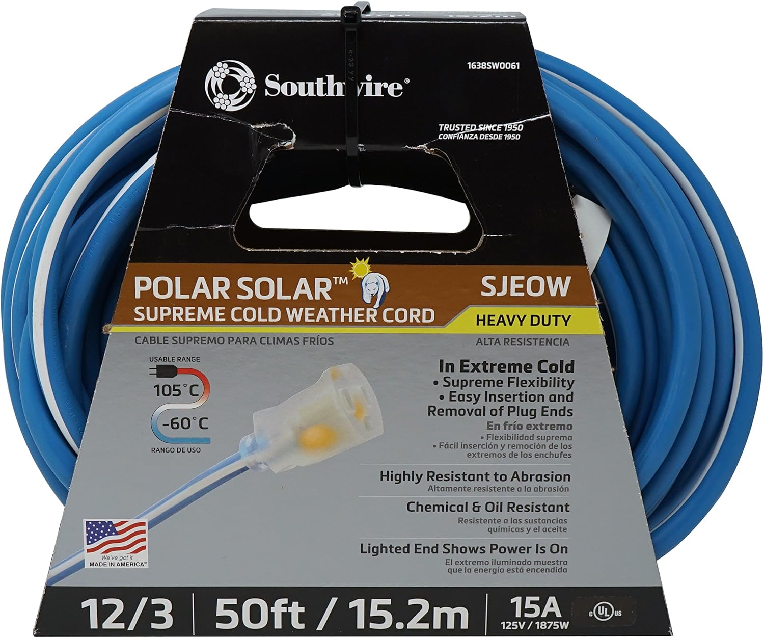 Southwire Polar Solar Supreme Extension Cord - Built for Harsh Weather & Jobsite Use - Oil & Chemical Resistant - Lighted Plug - 12 Gauge - 50 Foot Length