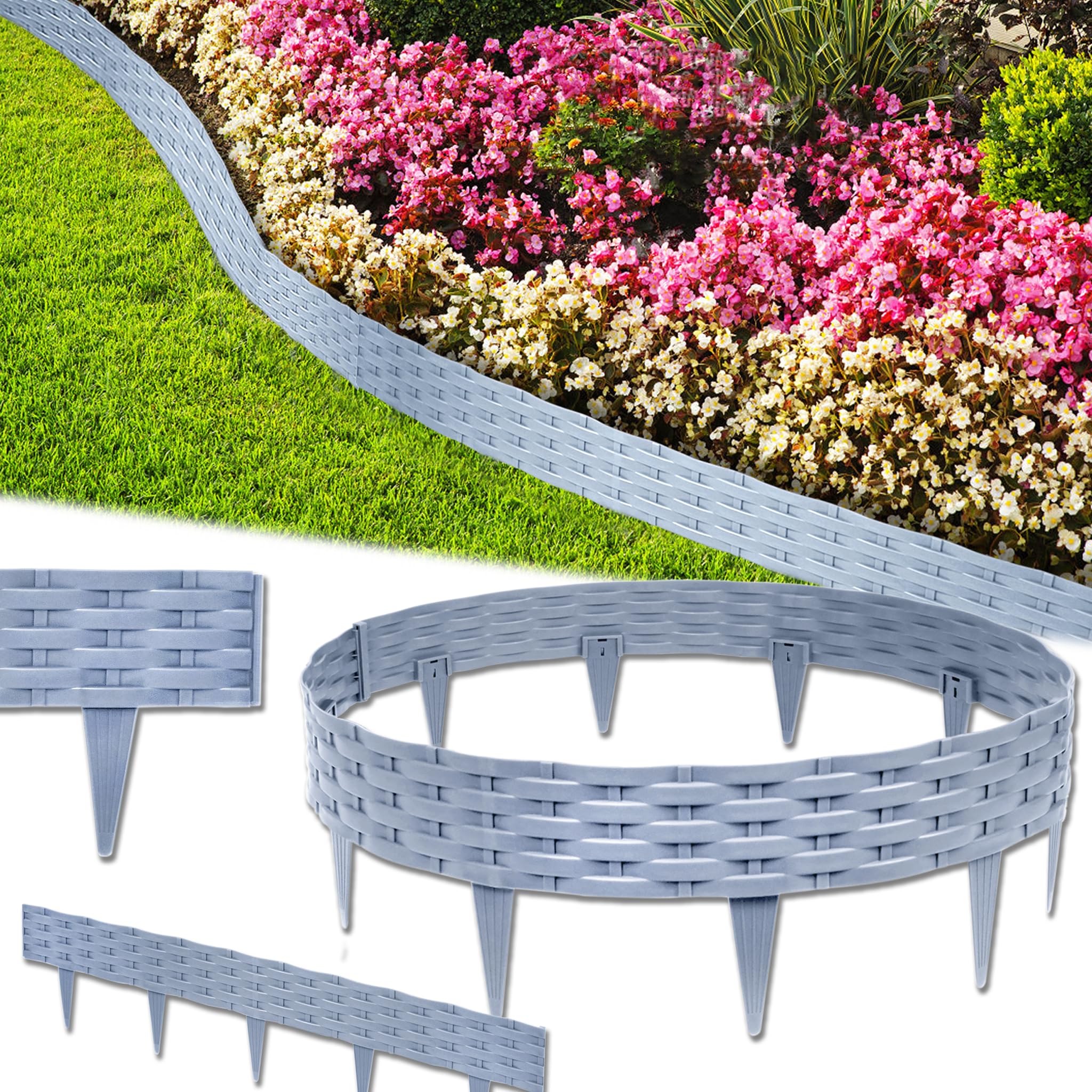 Bordo Aiuole Effetto Rattan - 5m Grigio - Recinzione Giardino Modulare