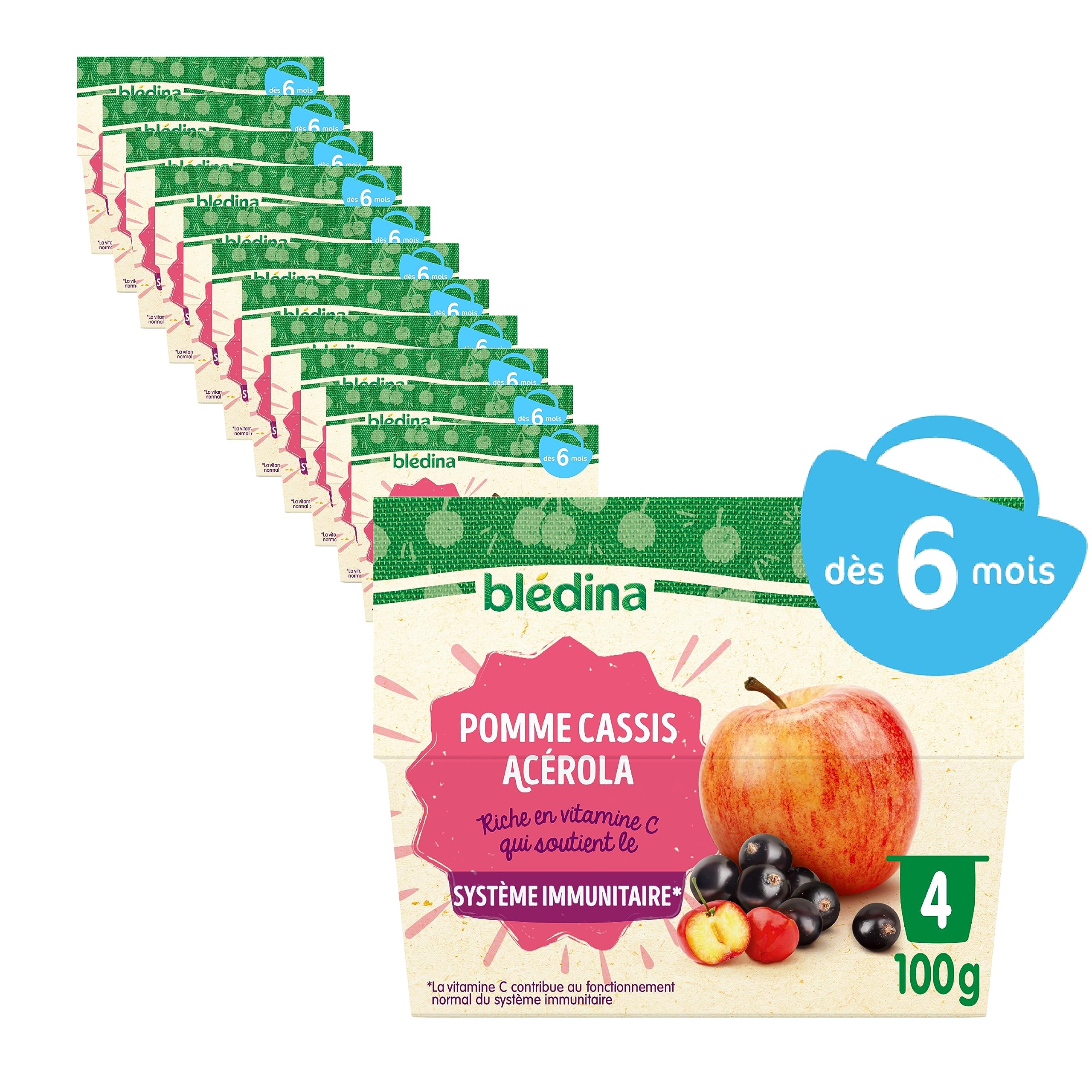BLEDINA - Coupelles de fruits bébé - Pommes, Cassis, Acerola - Riche en Vitamine C - Dès 6 mois - 48 coupelles de 100g