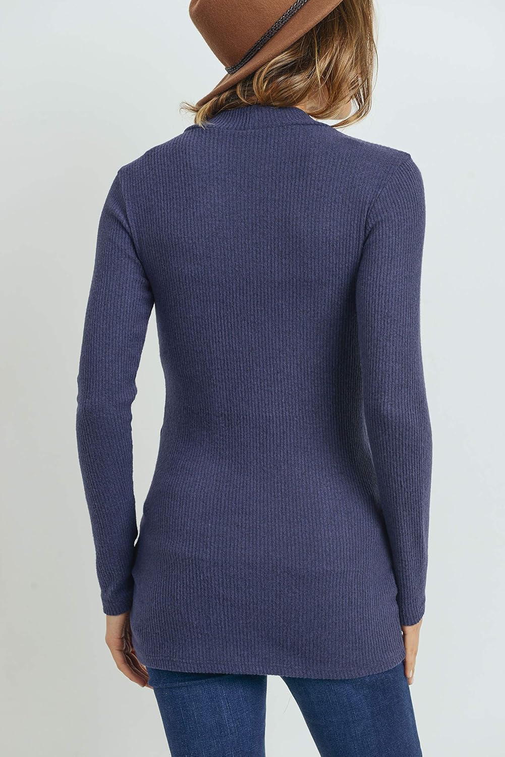 Women's Knit Ribbed Maternity Top with Mock Neck Long Sleeve (Navy, S) - Image 7