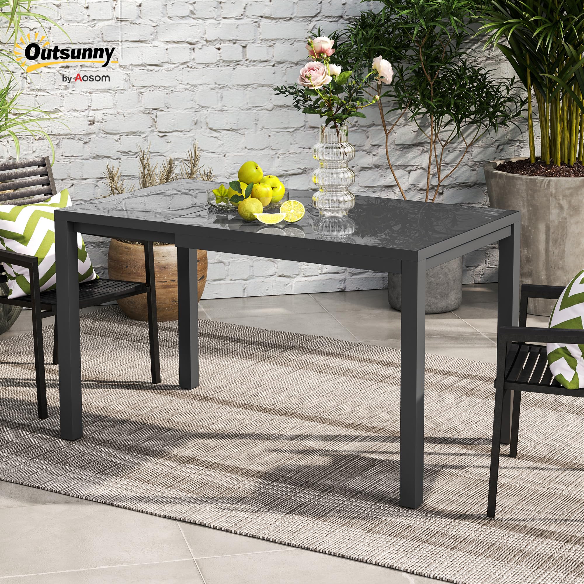 Outsunny Tavolo da Giardino Allungabile da 85/125x70x73 cm Grigio Scuro | Tavola da Pranzo Estensibile, per 4-6 Persone, Rettangolare, in Alluminio, con Piano in Vetro, per Patio Terrazzo, Esterno