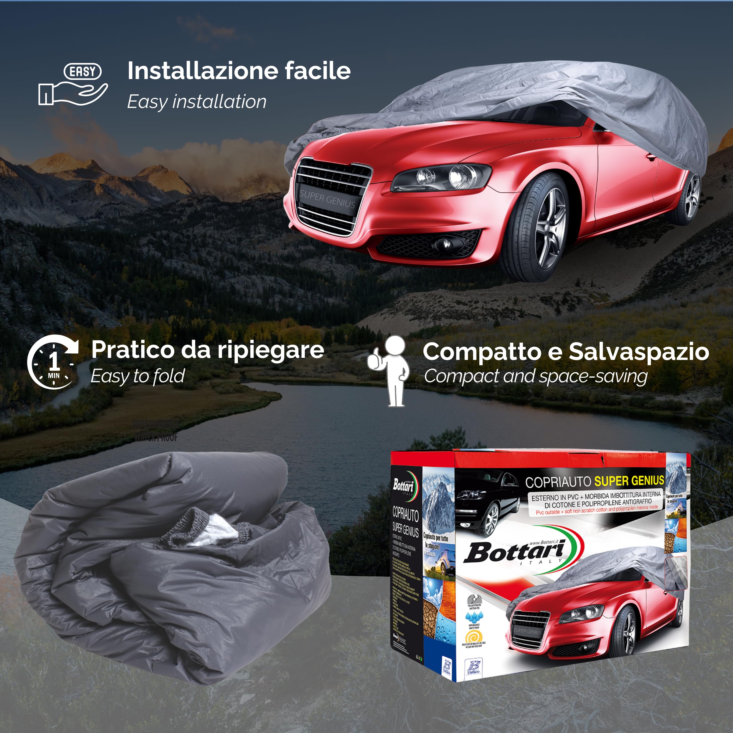 Bottari "SuperGenius" Copriauto Felpato 4 Stagioni in PVC Impermeabile – Telo Auto con Interno in Cotone e Polipropilene Antigraffio, Imbottito e con Cinghie di Fissaggio – Taglia XXL