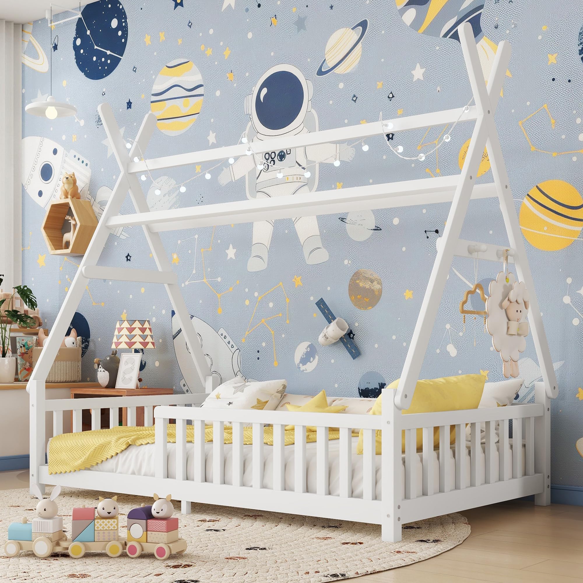 Duxelifin Twin Tent-Shaped Bed for Kids with LED Light, Teepee Floor Bed with Guardrails, Wooden Montessori Bed Frame with Slats Support for Toddler,