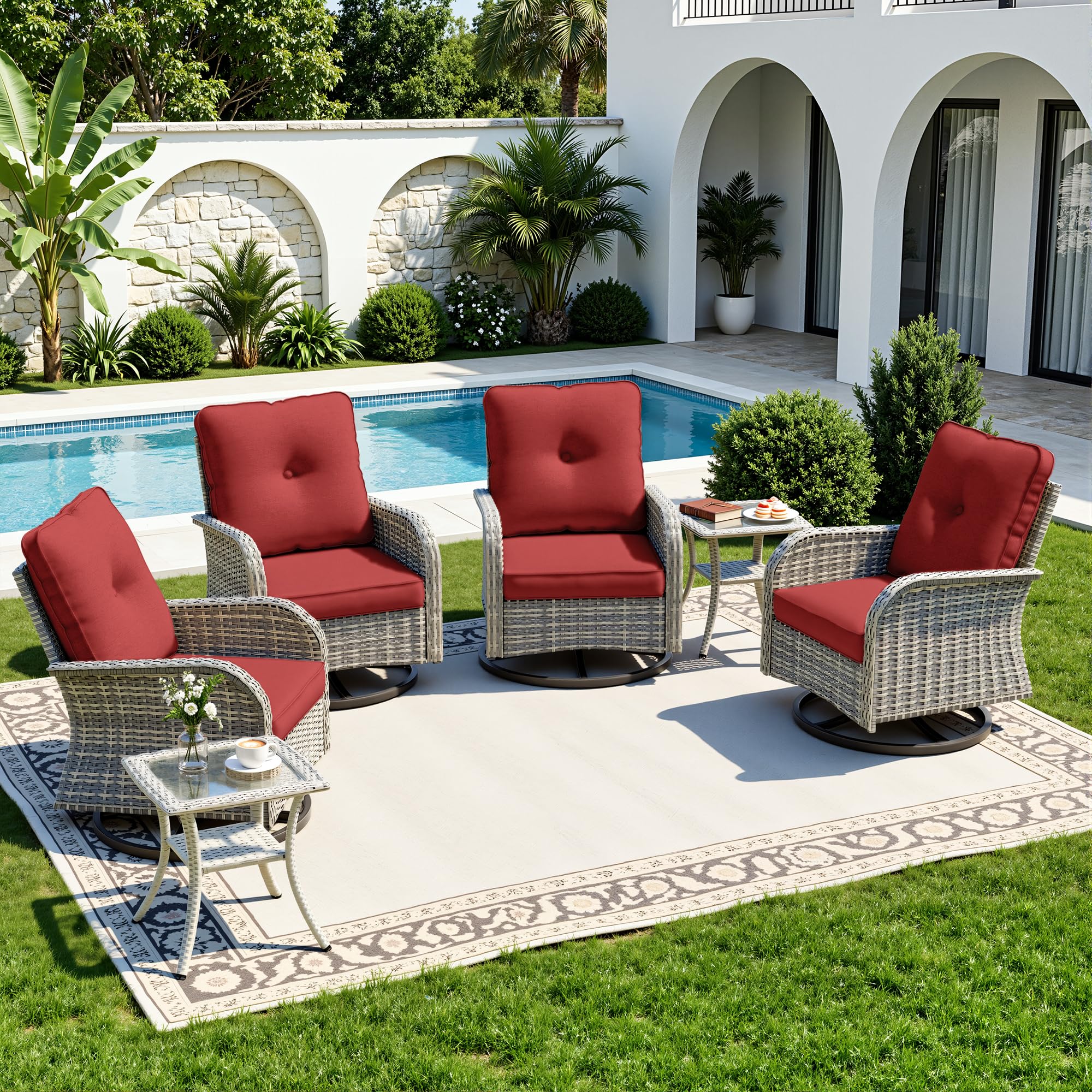 6-Piece Small Patio Furniture Set, Outdoor Swivel Rocking Chairs Set with Wicker Chairs and Tempered Glass Side Table, Outdoor Furniture Patio Bistro Set for Balcony, Deck, Porch