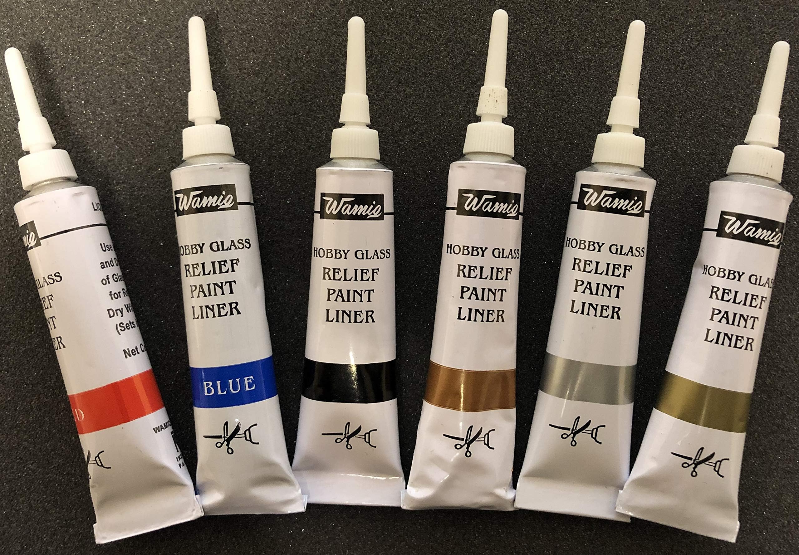 WamiQ SET OF 6 HOBBY GLASS CERAMIC PAINT OUT LINERS 20ml TUBES RELIEF PAINT LINERS BLACK, GOLD, SILVER, COPPER, BLUE, RED