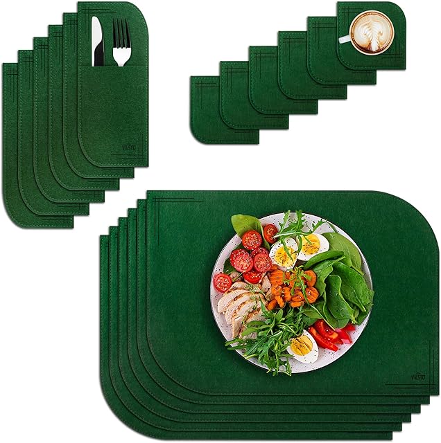 VILSTO Felt Placemat Coaster Cutlery Bag Set of 18 pieces, Forest Green - Heat Resistant, for Kitchen, Home Dinner Party, Outdoor Barbecue