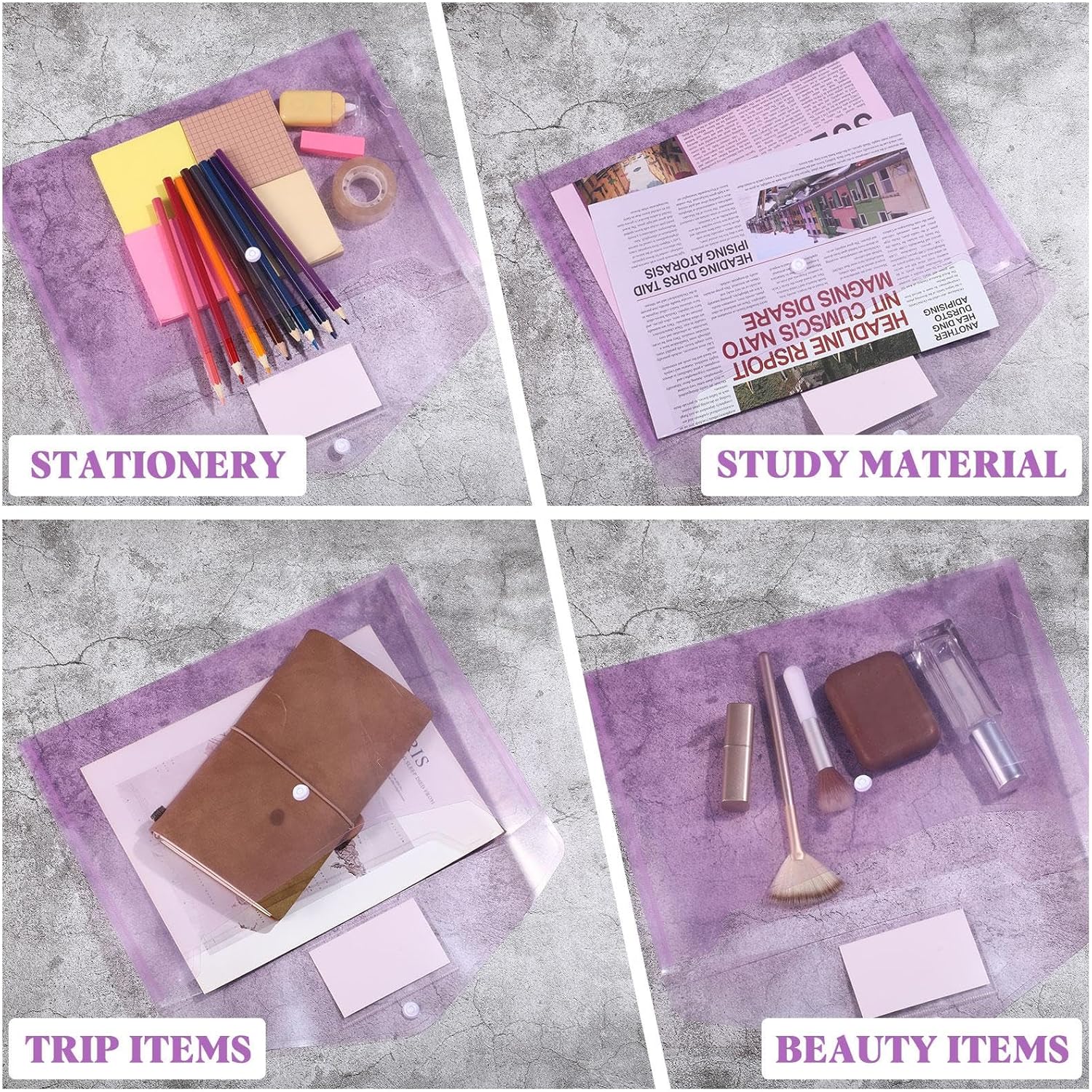 Lincia Plastic Envelopes A4 Size Poly Envelopes File Folders Work Document Holder Office Paper Plastic File Organizer with Label Pocket Snap Button Home Bag for School(Clear Purple,24 Pcs)