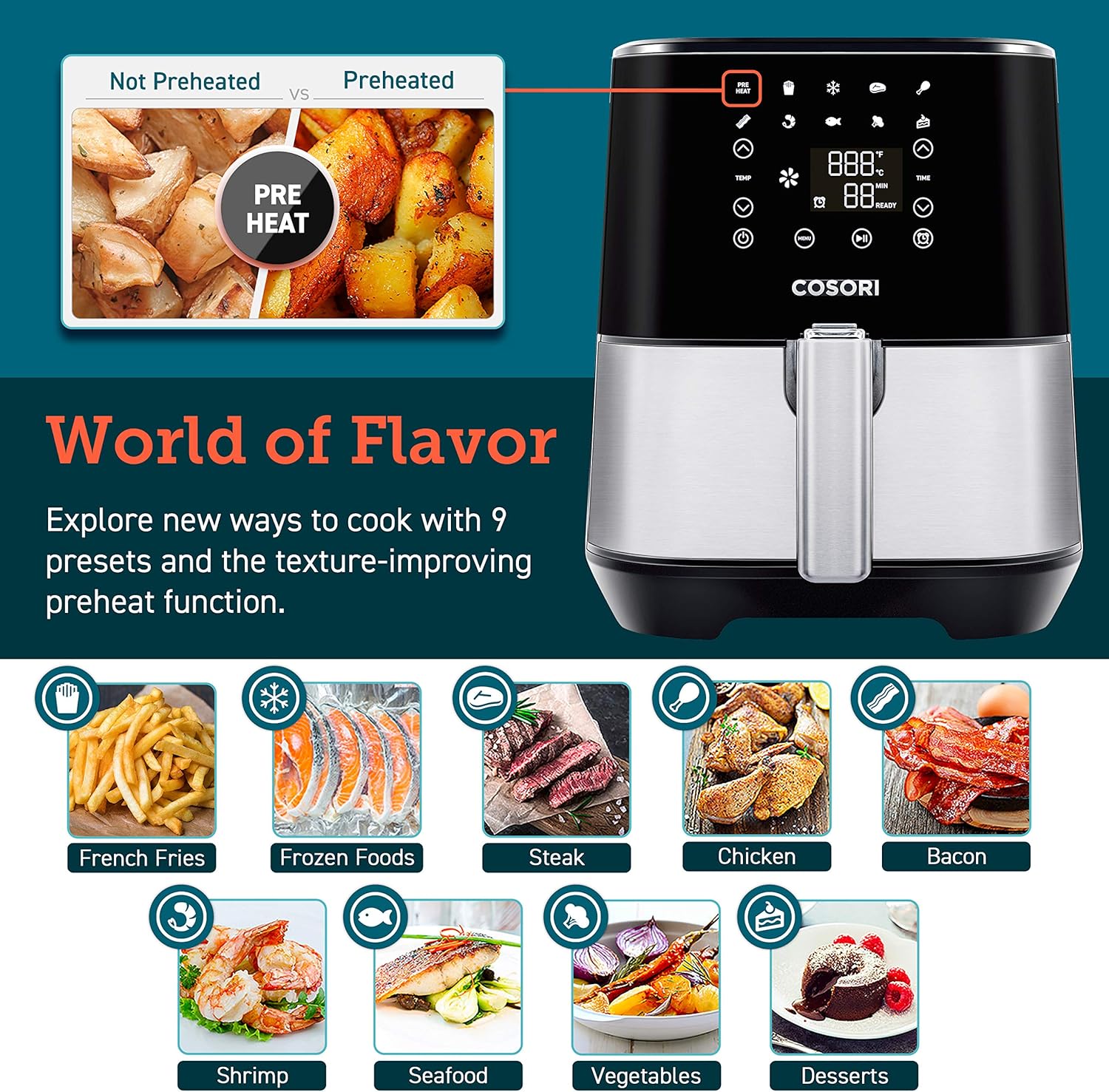 Buy Cosori Air Fryer 100 Recipes Rack 11 Functions Large Oilless Oven Preheat Alarm Reminder 5 8qt Digital Stainless Steel Online In Hungary B07nl1l4sl