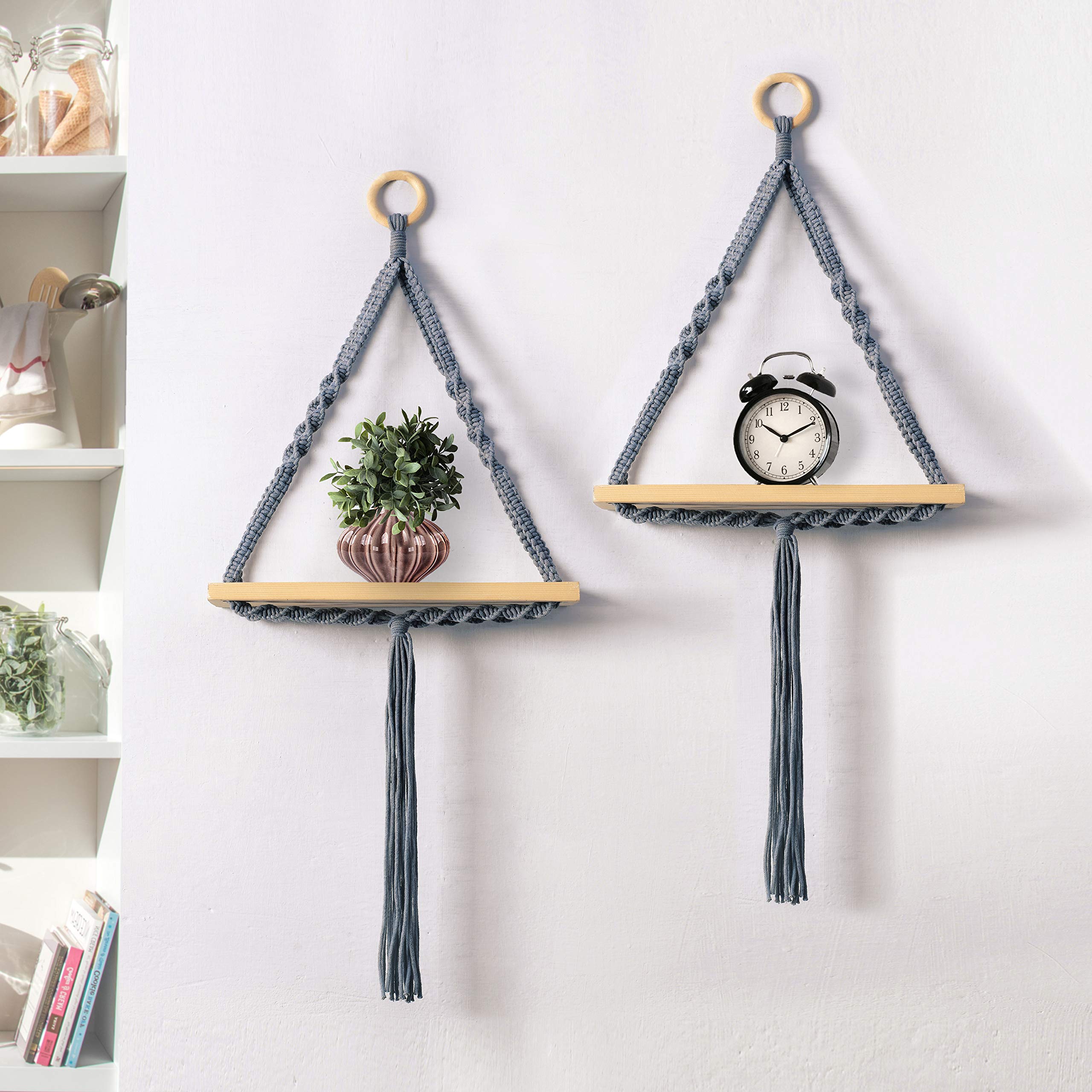 Decazone Twisted Macrame Blue Grey Hanging Shelf, Cotton Rope Bohemian Woven Home Decor Handmade Boho Shelf with 1 Shelves for Plants and Decor, Pack of 2, 40 W x 85 L (Style 5)