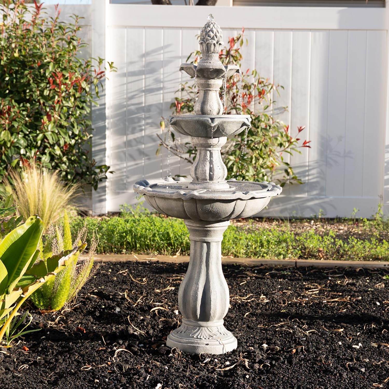 XBrand 51" 3-Tier Outdoor Waterfall Fountain, Freestanding Design with Pineapple Finial and Pump, Gray