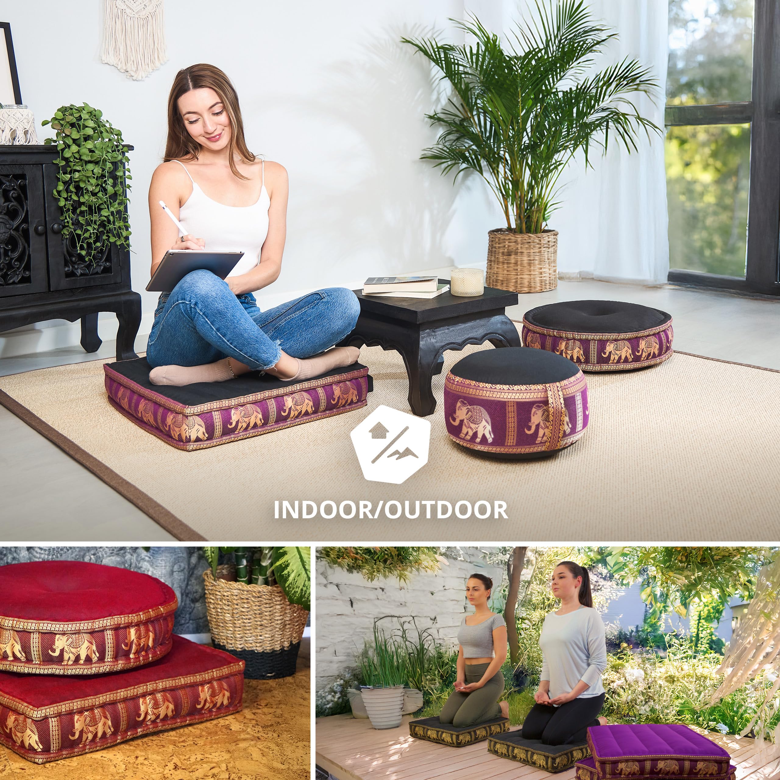 livasia Sitzkissen Boden Thaiseide - 50x50x10cm - Bodenkissen Indoor/Outdoor, Meditationskissen Yogakissen, Stuhlauflage Palettenmöbel, Steppkissen Bank handgefertigt (Schwarz/Lila/Elefanten Seide)