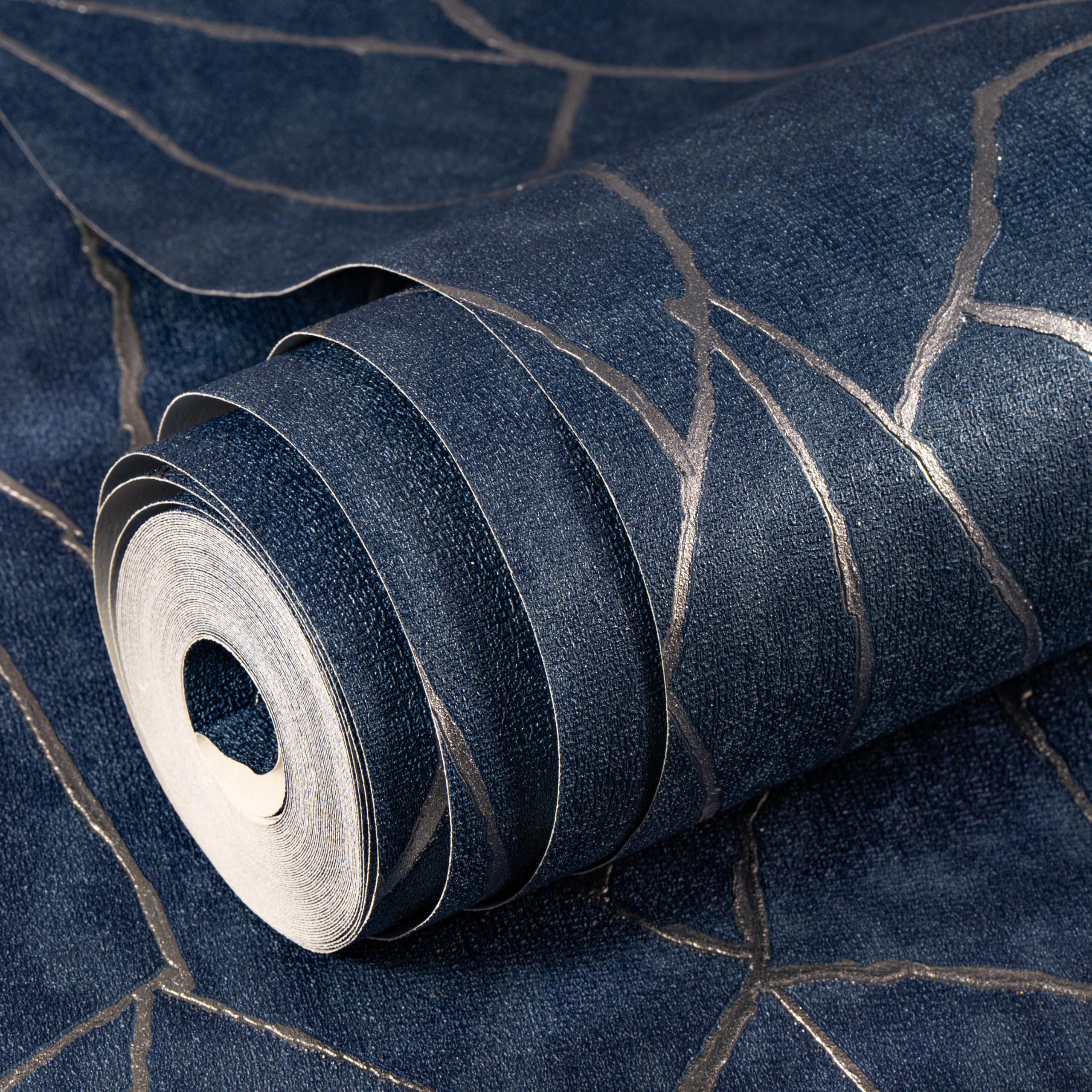 wolpin Wallpaper Non-Woven Non-Adhesive 53 cm x 9.5m (±3%) Geometric Abstract Design with Texture and Shine, Navy Blue 54.18 sq ft