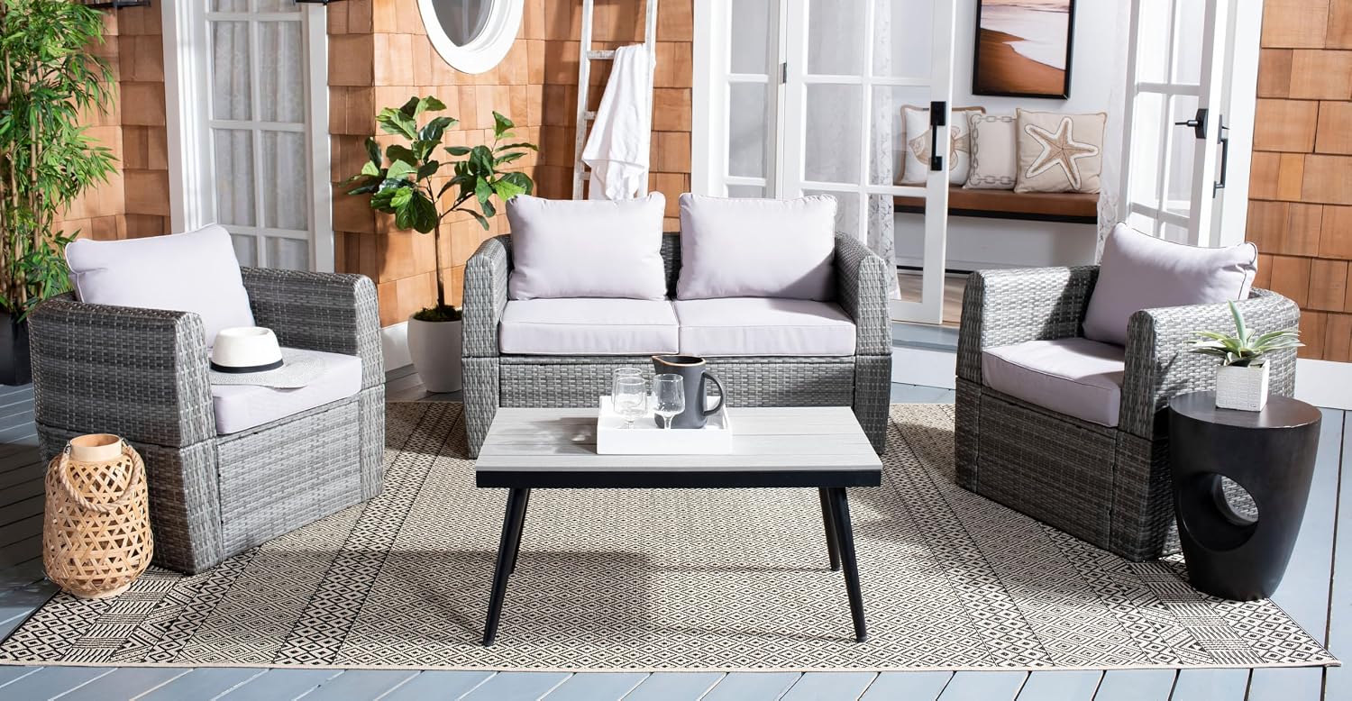 SAFAVIEH Outdoor Collection Tarien Grey/Grey Cushion Wicker 4-Piece Conversation Patio Set