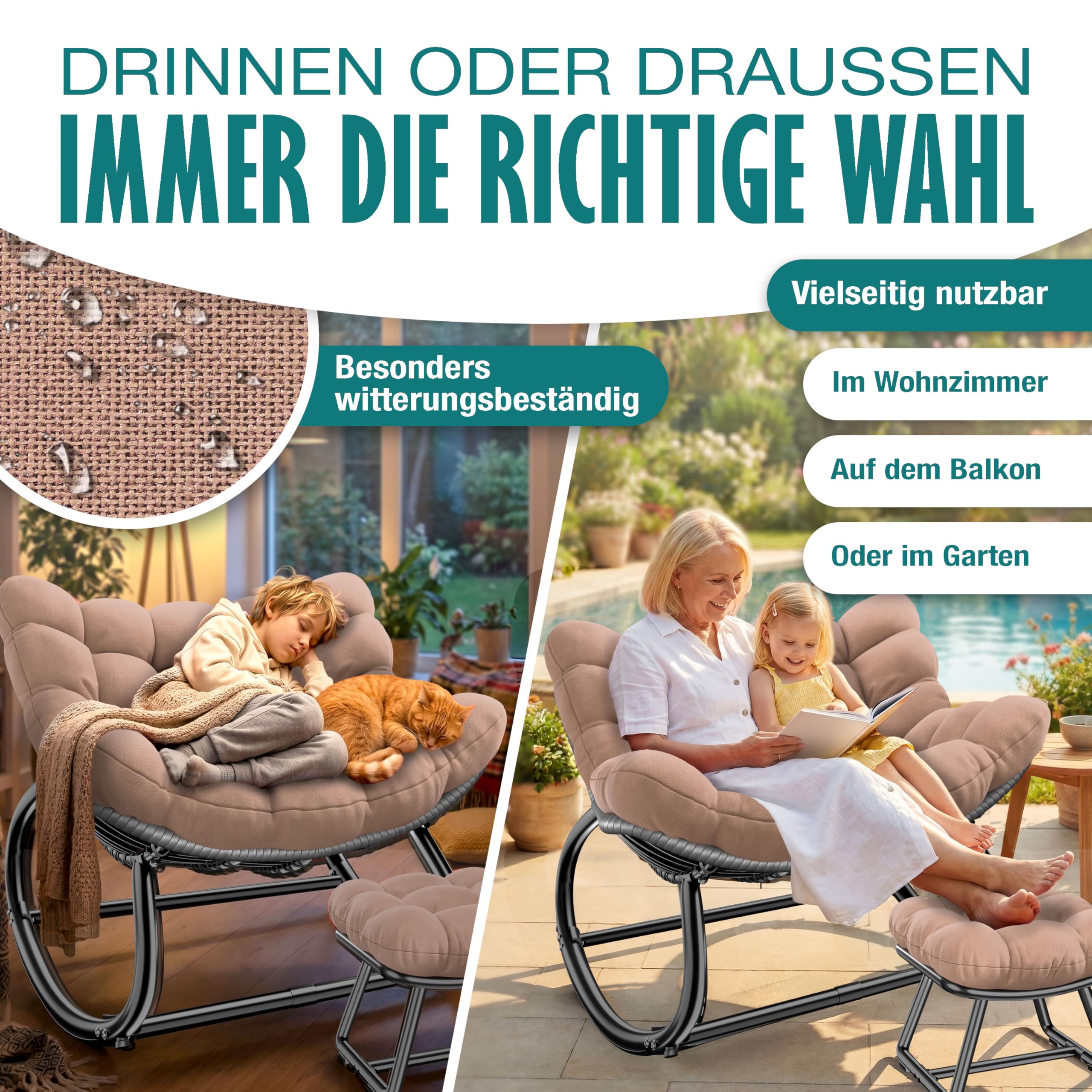 KESSER Sedia a dondolo per interni ed esterni, ergonomica, carico massimo di 120 kg, con piedini antiscivolo, resistente alle intemperie (tortora, XXL Chillexer Pro)