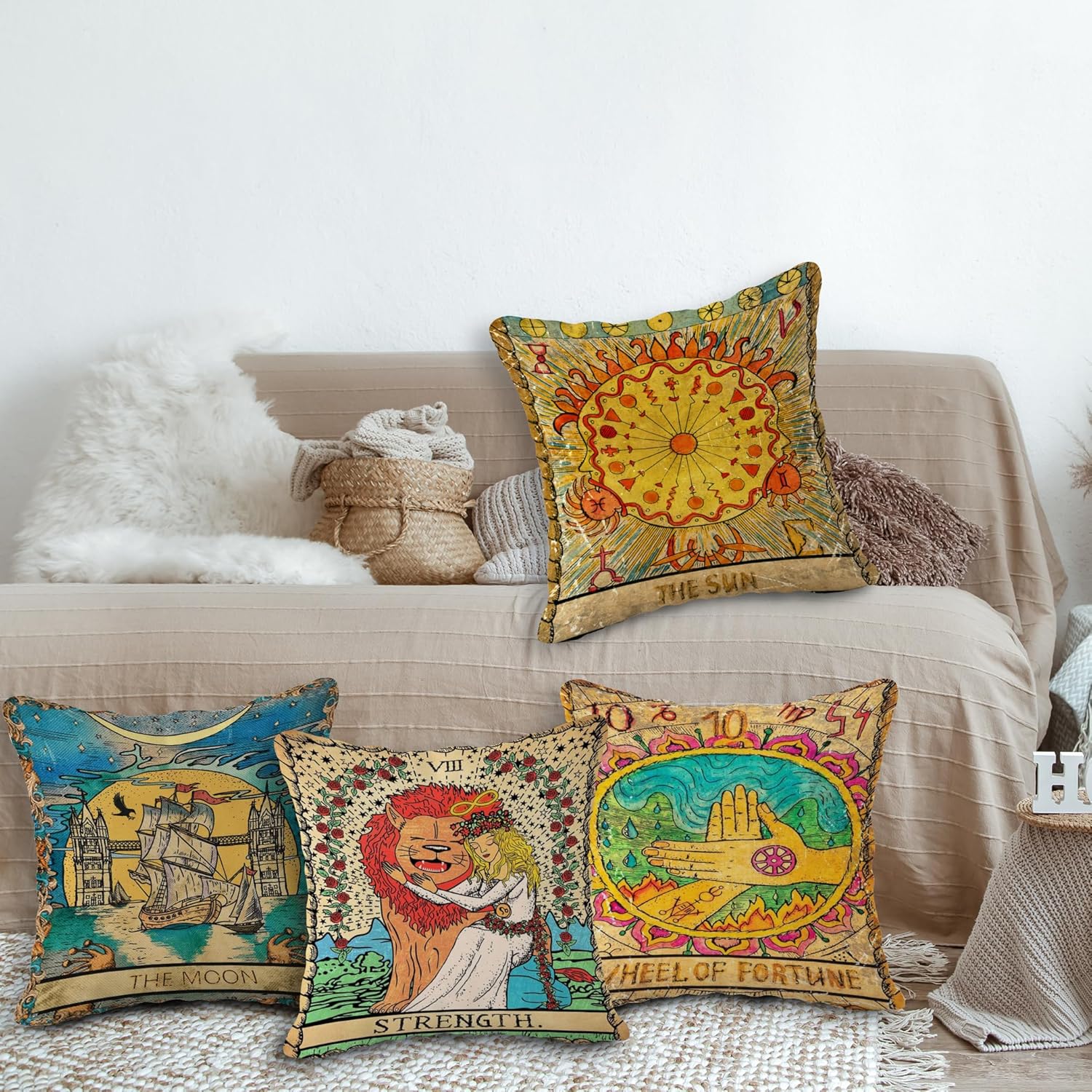 (RB) Tarot The Moon Sun Flannel Throw Pillow Case, 18 x 18 Inch Set of 4, Daughter Sister Astrology Tarot Lovers Gifts, Mom, Gifts, Tarot Art Cushion Cover for Sofa Couch Bed Girl Room College Dorm