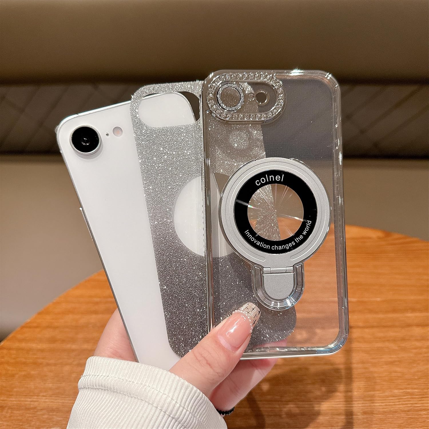 Magnetic Ring Stand for iPhone 17e & iPhone 16e Case with Built-in Glass Camera Protector, (Compatible with Magsafe) for Women Girls Clear Bling Glitter Rhinestones Slim Phone Cover (Purple) image 5