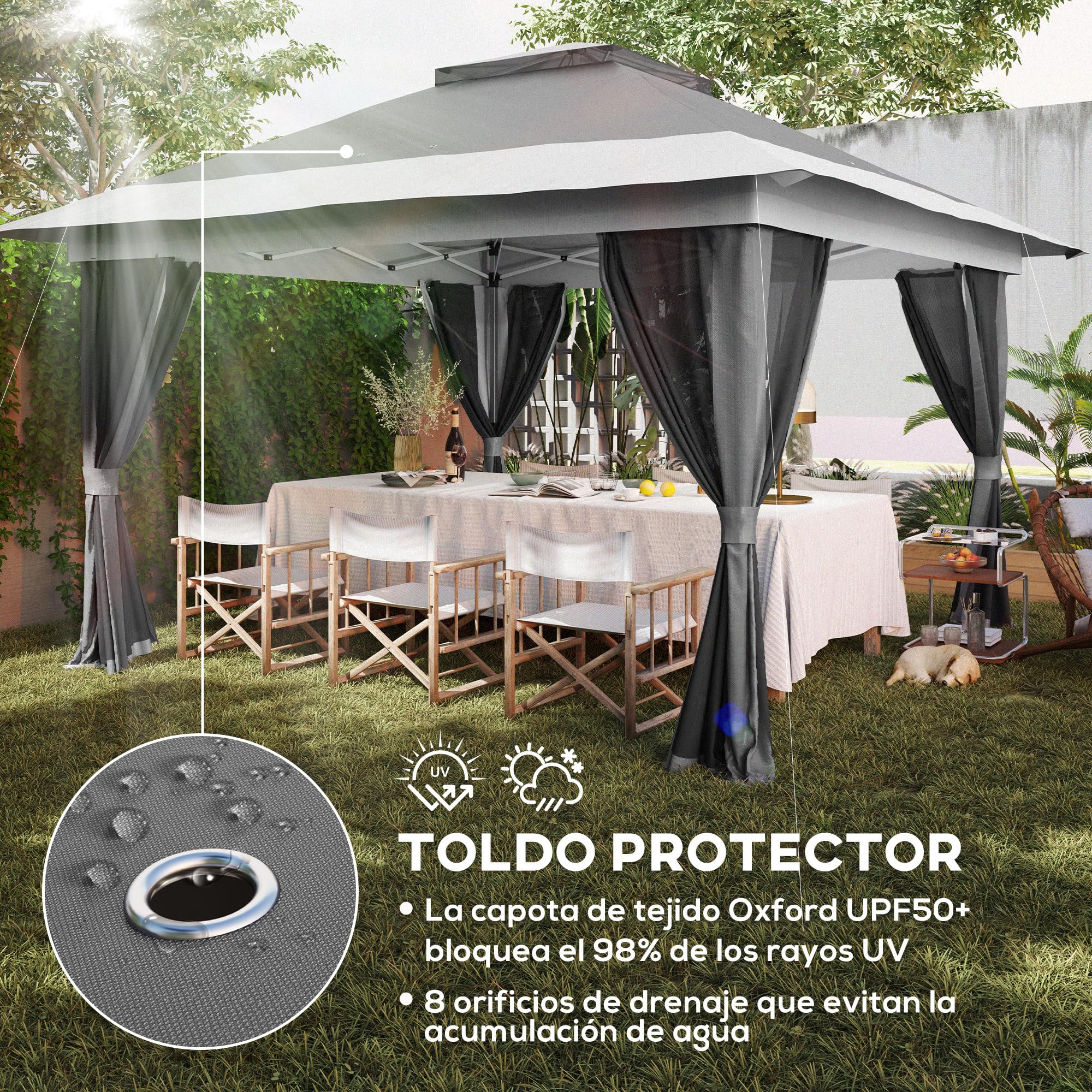 Outsunny Carpa Plegable Gazebo, 3,6x3,6 m, Cenador Plegable con 4 Paredes Laterales de Malla, Anti-UV, Altura Ajustable, Bolsa de Arena y Bolsa de Transporte, para Camping, Fiestas, Gris Oscuro