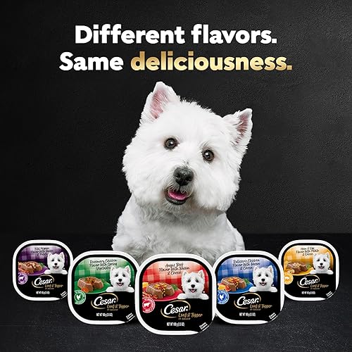 Miniatura 10 de Cesar - Comida húmeda para perros en un paquete variado de trocitos en salsa con sabor a pollo rostizado con tocino y queso y con sabor a filete