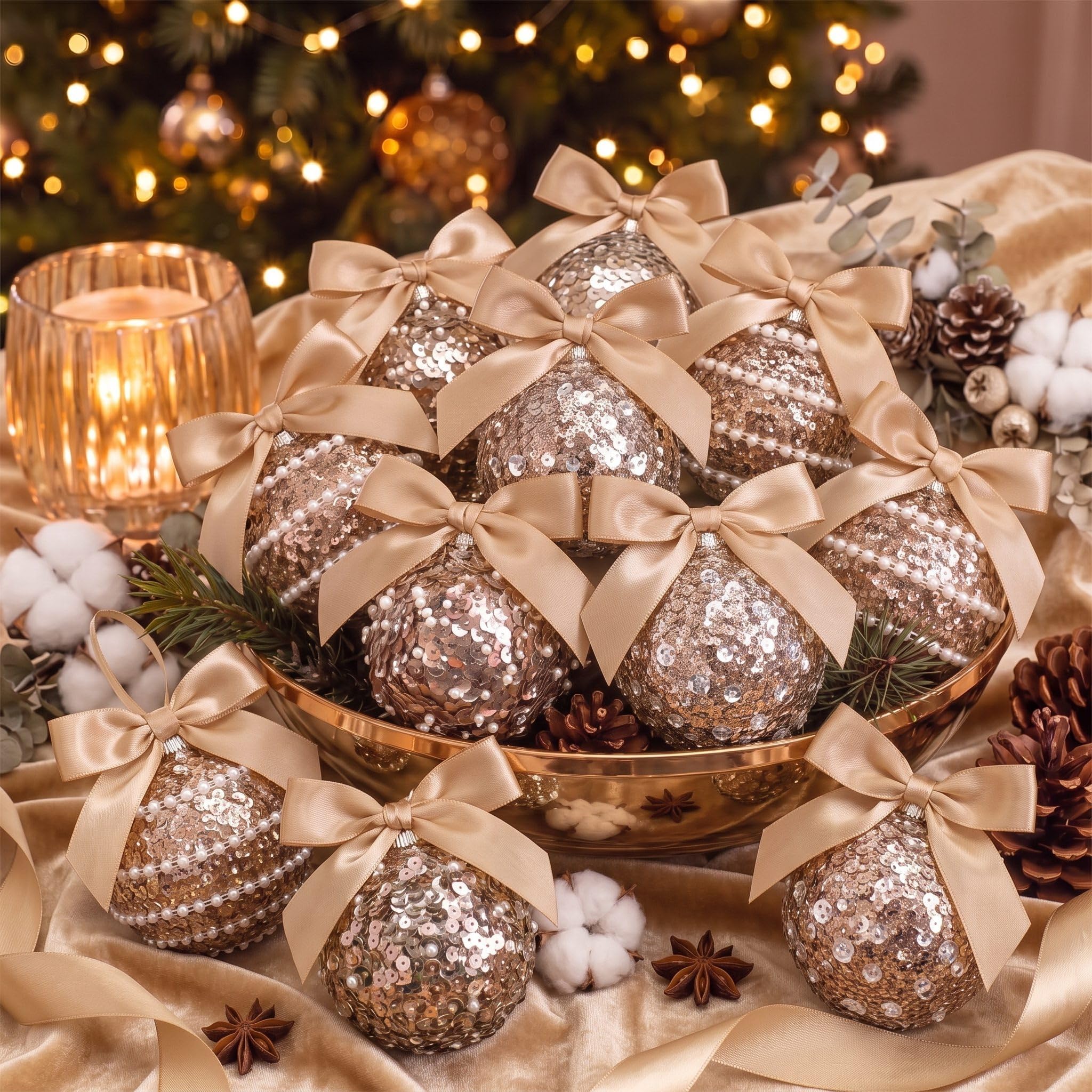 Hungdao 12 palline di Natale color champagne, 60 mm / 2.36in, con fiocco glitterato, da appendere, scintillanti, infrangibili, in plastica, da appendere, per feste di Natale