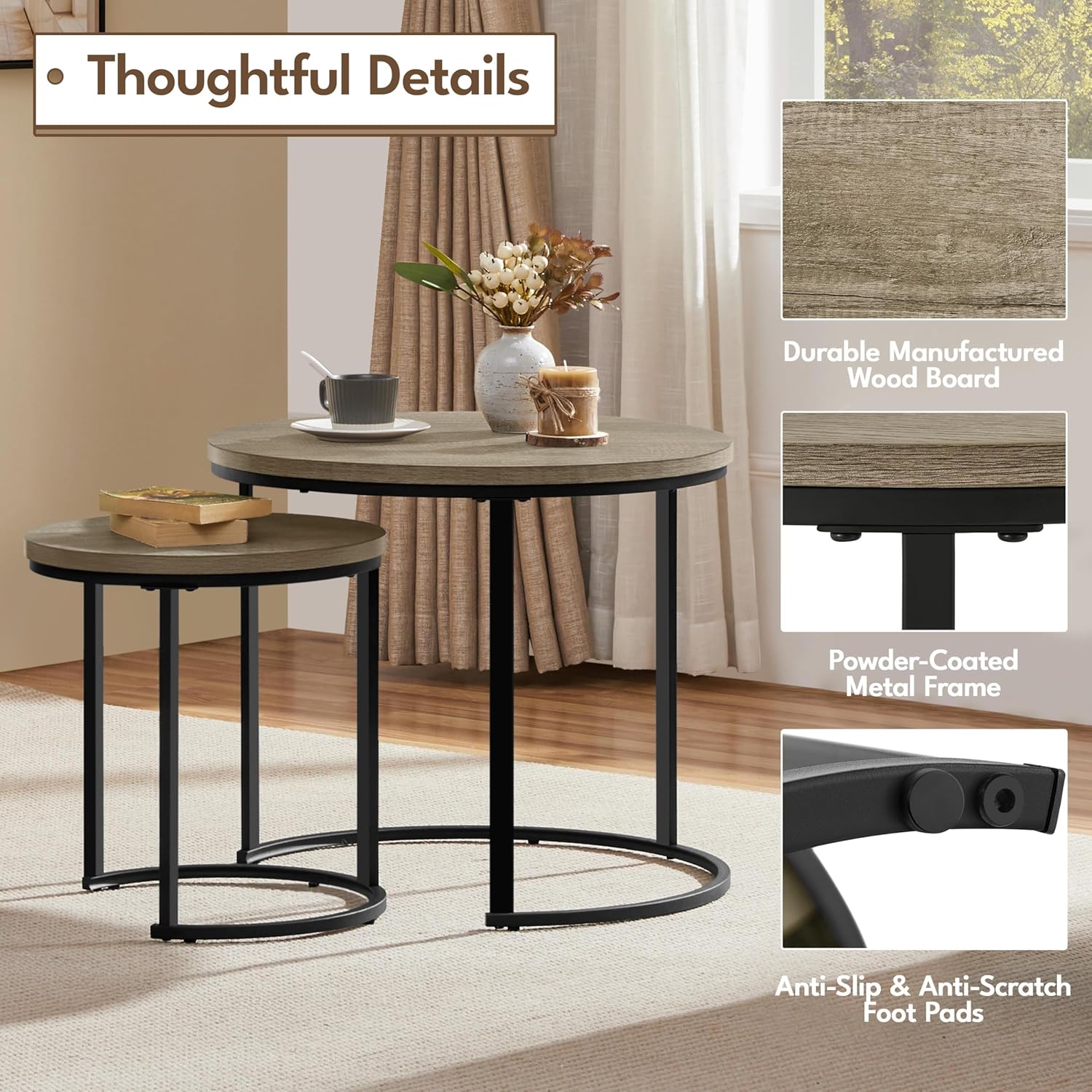 Yaheetech Nesting Coffee Table Set of 2, Nesting Table, Rustic Stacking Side Tables, Nesting End Table Set w/Round Wooden Tabletop and Sturdy Metal Base for Living Room,Small Space, Gray | Nesting Table, Rustic, Stacking Side Tables, Living Room, Small Space
