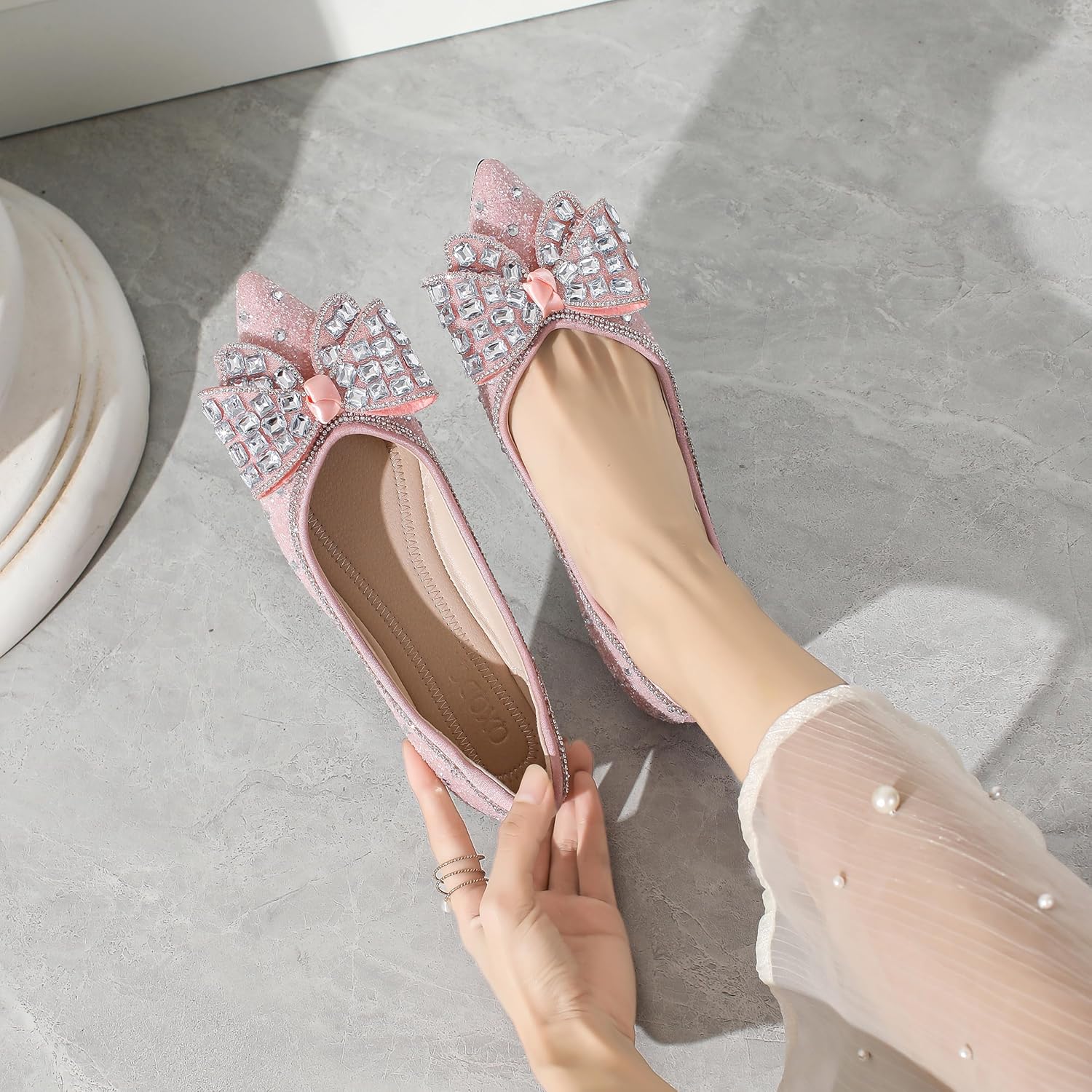 Women's Pointed Toe Flats Diamond Bow Sequin Comfortable Slip On Flats Light Weight Dress Shoes - Image 2