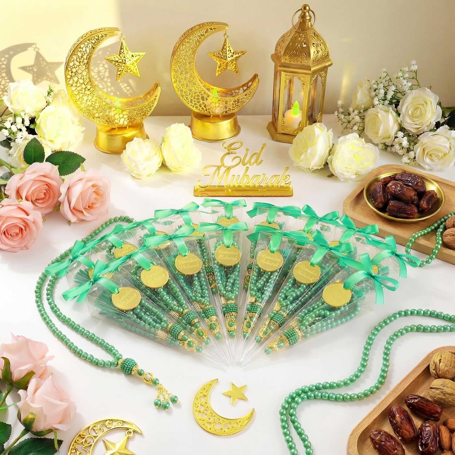 Ferreve 24 Sets Islamic Prayer Beads Bulk Ramadan Eid Gifts Muslim Party Favors Eid Mubarak Pearl Prayer Beads for Ramadan Islamic Festival Party Favor Wedding Bridal Shower Gifts(Green)