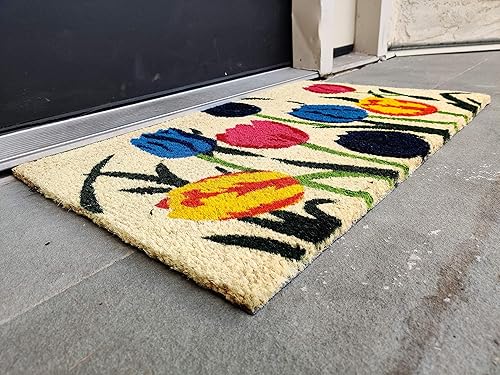 Miniatura 5 de Ecomills Tapete de fibra de coco con múltiples tulipanes, 18 x 30 x 0.5 pulgadas, parte trasera antideslizante, diseño floral, vibrante alfombra de