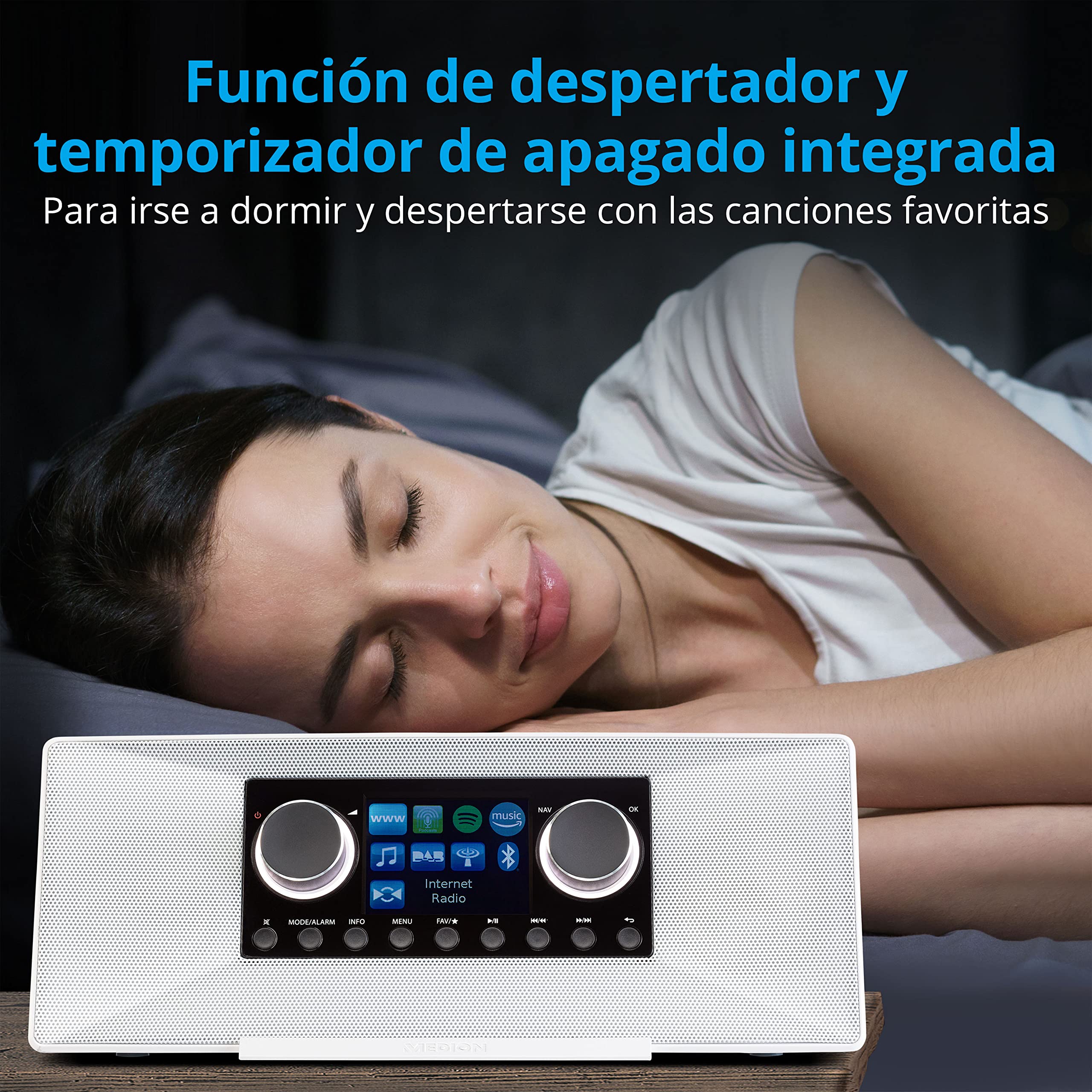 MEDION P85333 Radio por Internet con Dab+ (WiFi, FM, Spotify Connect, Amazon Music, USB, Toma de Auriculares, AUX, Stereo Line-out Cinch, Temporizador de sueño) Blanco