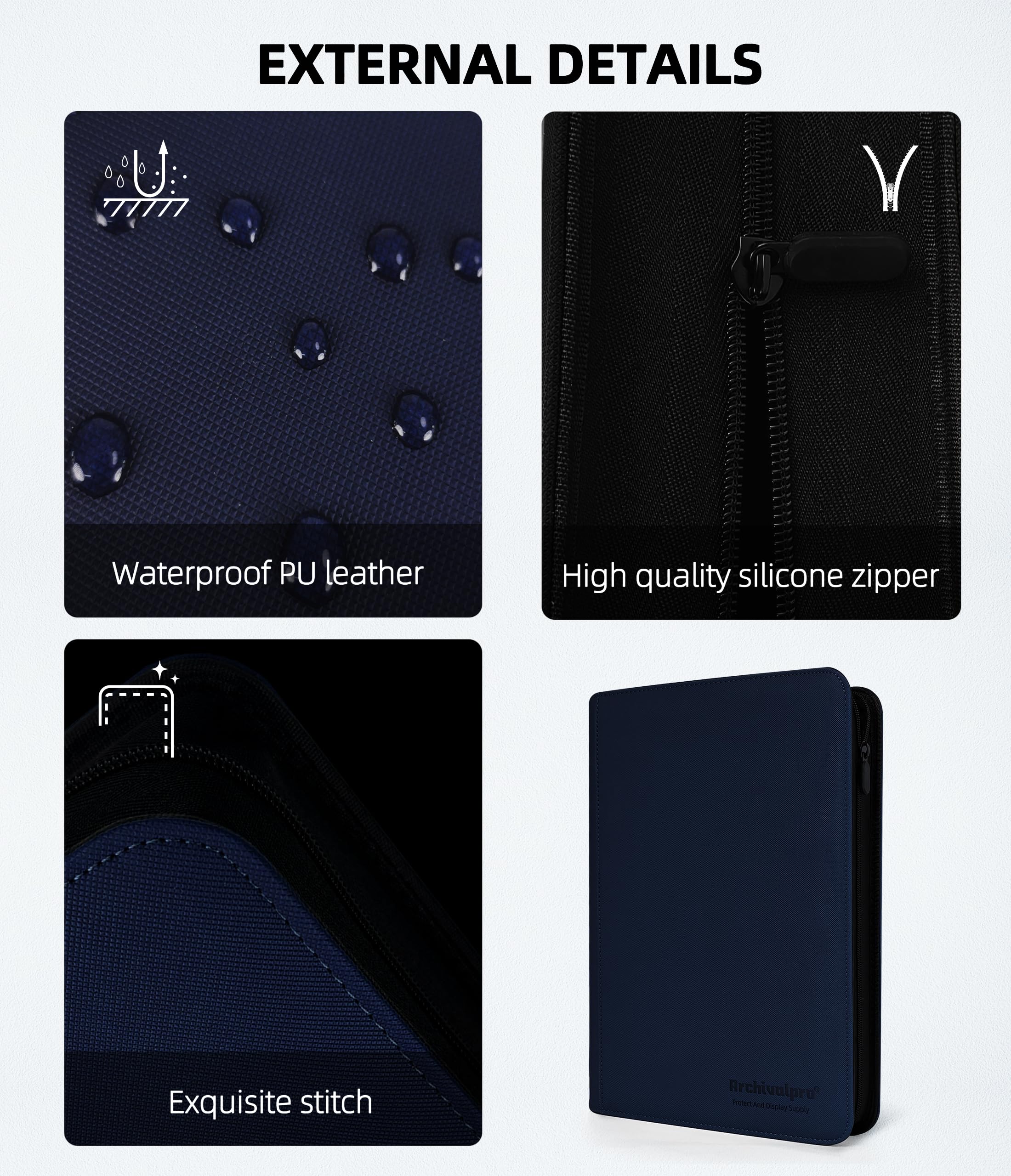 Classeur en cuir de qualité supérieure pour 360 cartes, album avec 9 pochettes/page double face, 20 pages (bleu)