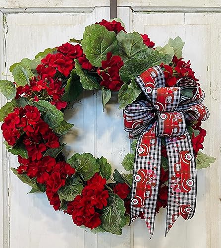 Miniatura 2 de Corona de geranio rojo para decoración de puerta delantera de primavera o verano en 21 pulgadas de diámetro, forma redonda