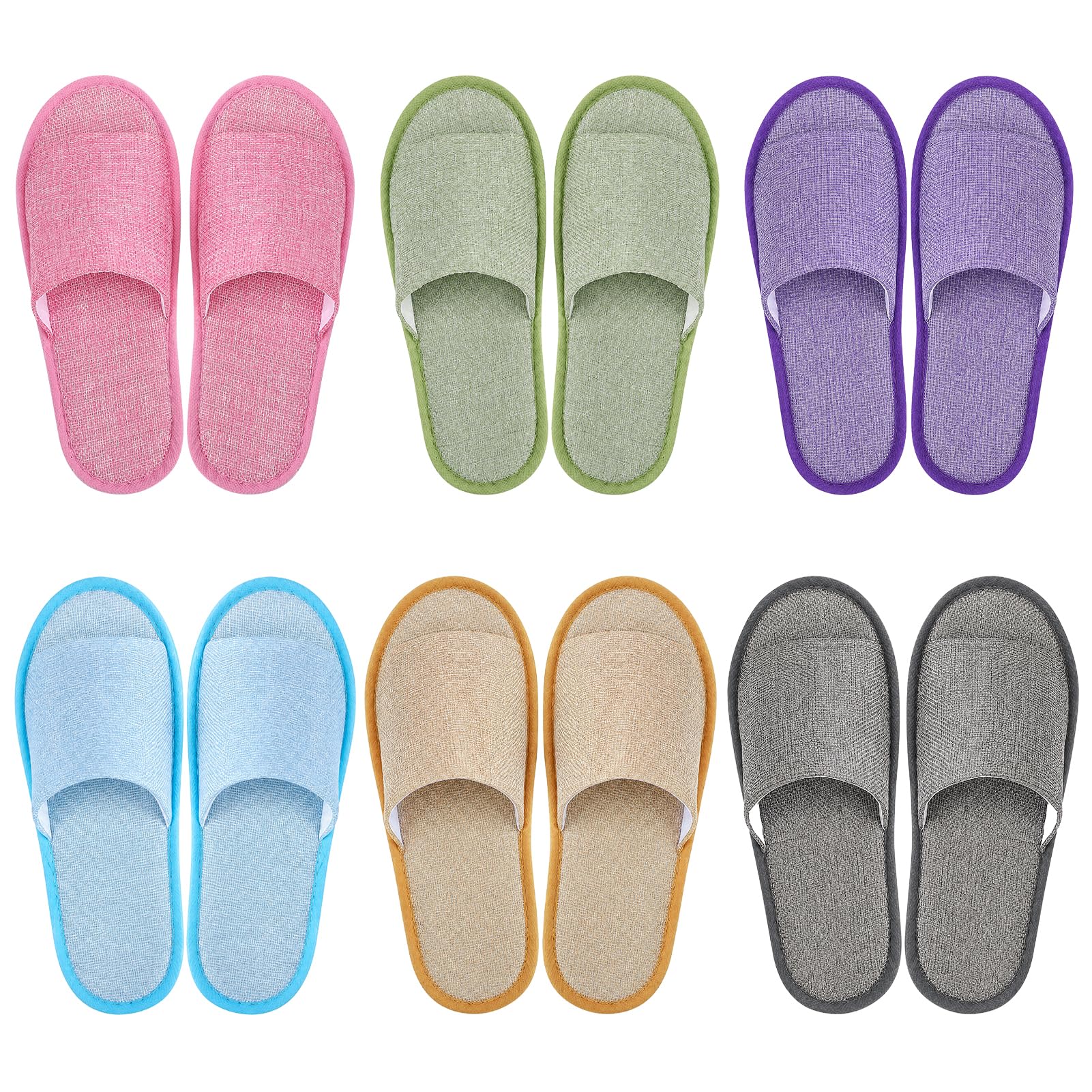 6 Pairs Washable House Slippers for Guests Disposable Open Toe Blue, Green, Grey, Khaki, Pink, Purple