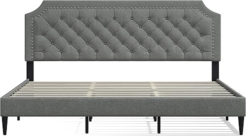 Miniatura 9 de Glenwillow Home Curta - Base de cama tapizada con tapizado con clavos recortados con botones, base de colchón, sin somier, fácil montaje, color