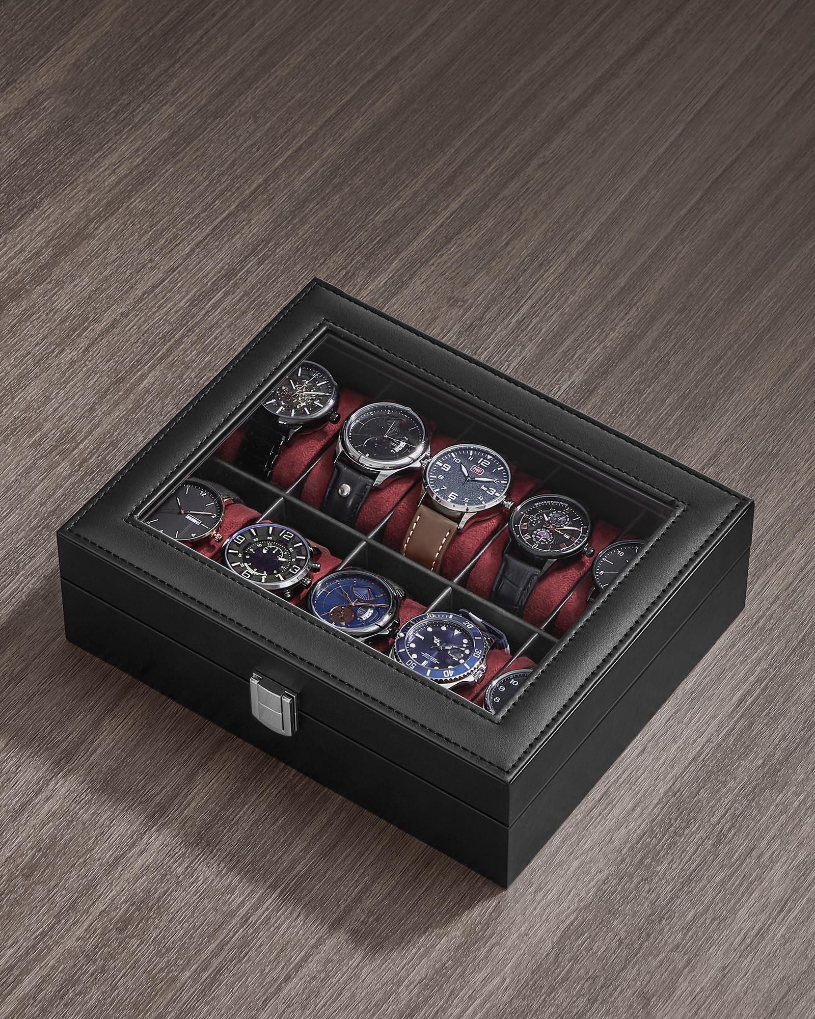 SONGMICS Scatola per orologi con 10 scomparti, custodia per orologi con coperchio in vetro, scatola per esposizione orologi con cuscini rimovibili, chiusura in metallo, idea regalo, pelle sintetica