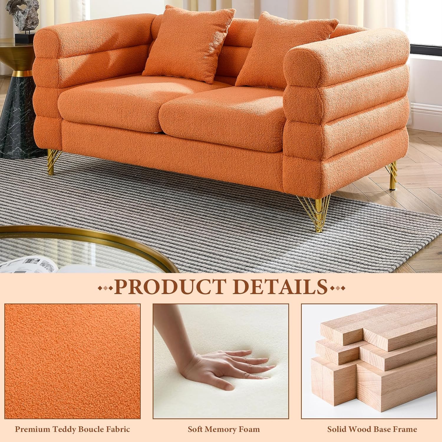 Loveseat Modern Sofa, 60" Teddy Boucle Comfy Cloud Couch Upholstered Deep 2 Seater Sherpa Couch Set with Stylish Metal Legs for Living Room Home Office Bedroom Apartment, Orange