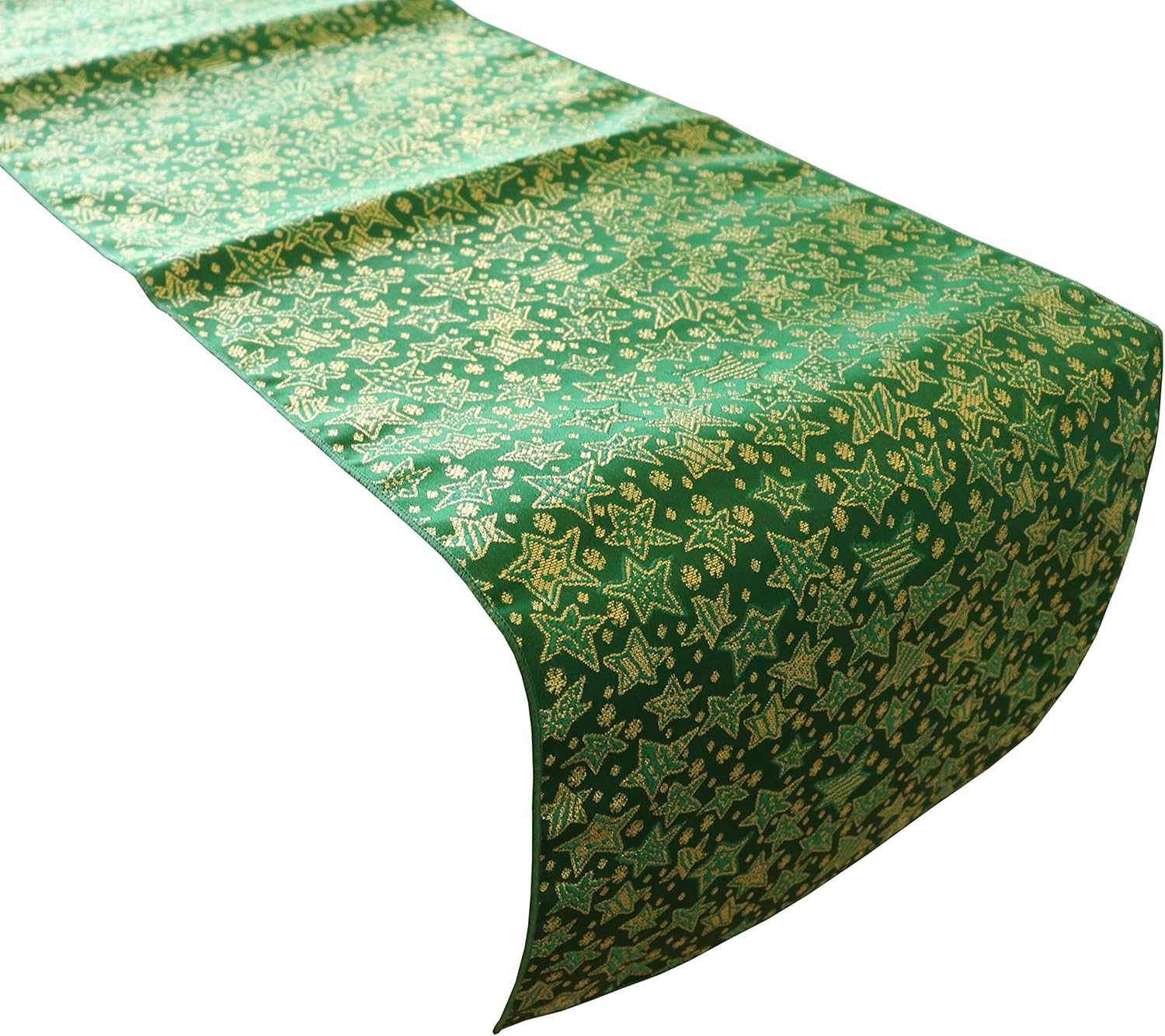 lovemyfabric Christmas Holidays Brocade Collection in Glittery Stars Print Table Runner (Green, 12"X120")