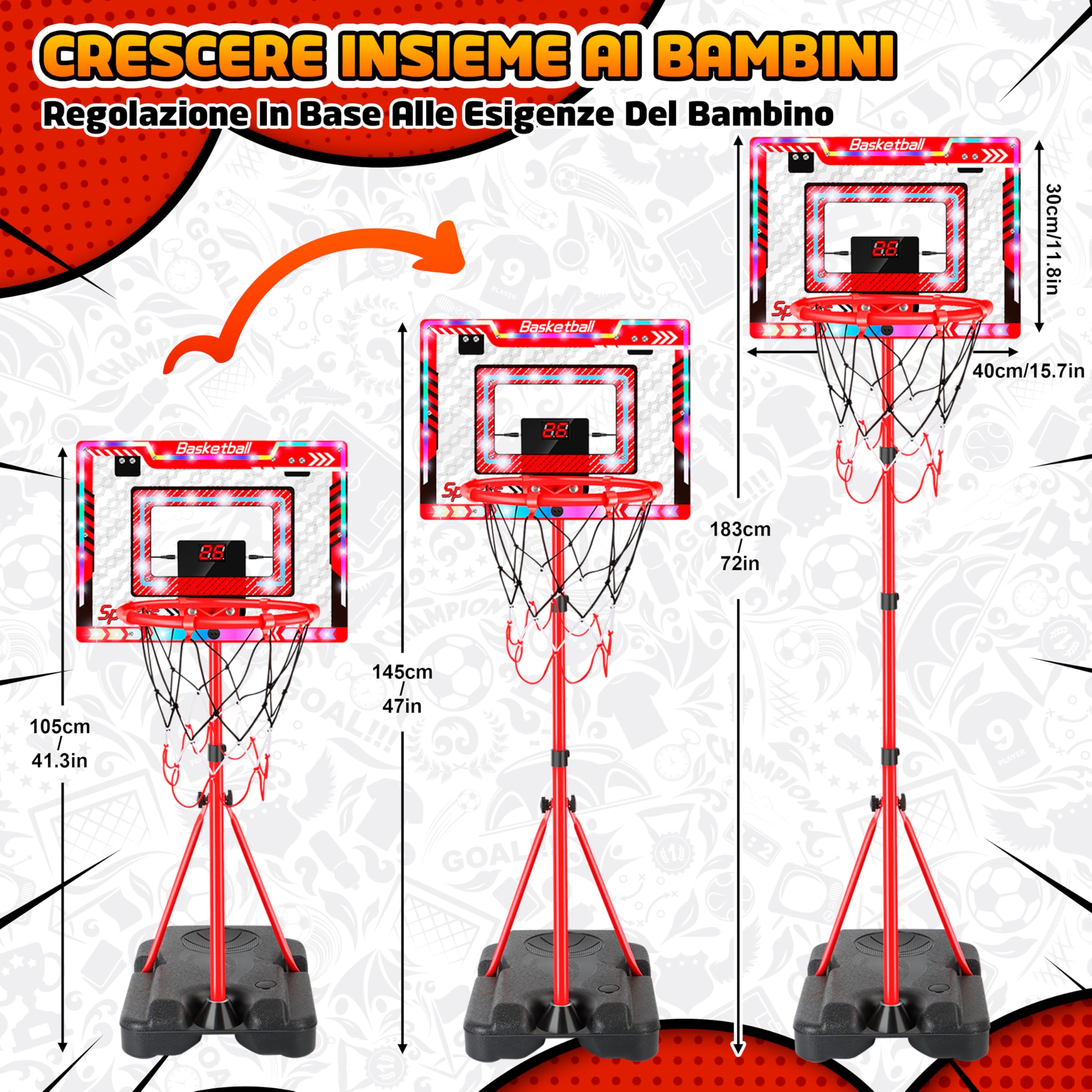 Charmofun Canestro da Basket LED per Bambini, Altezza Regolabile 105-183 cm, 2 in 1 Basket Interno Esterno Con 5 Palline, Musik, Elettronico Punteggio Record, Portatile con Base Zavorrabile