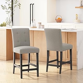 espidoo 26 Inch Counter Stools Set of 2: Light Grey Button Tufted Fabric Upholstered Bar Stools - Contemporary Rubberwood Frame Kitchen Island Seating for Dining & Breakfast Nook