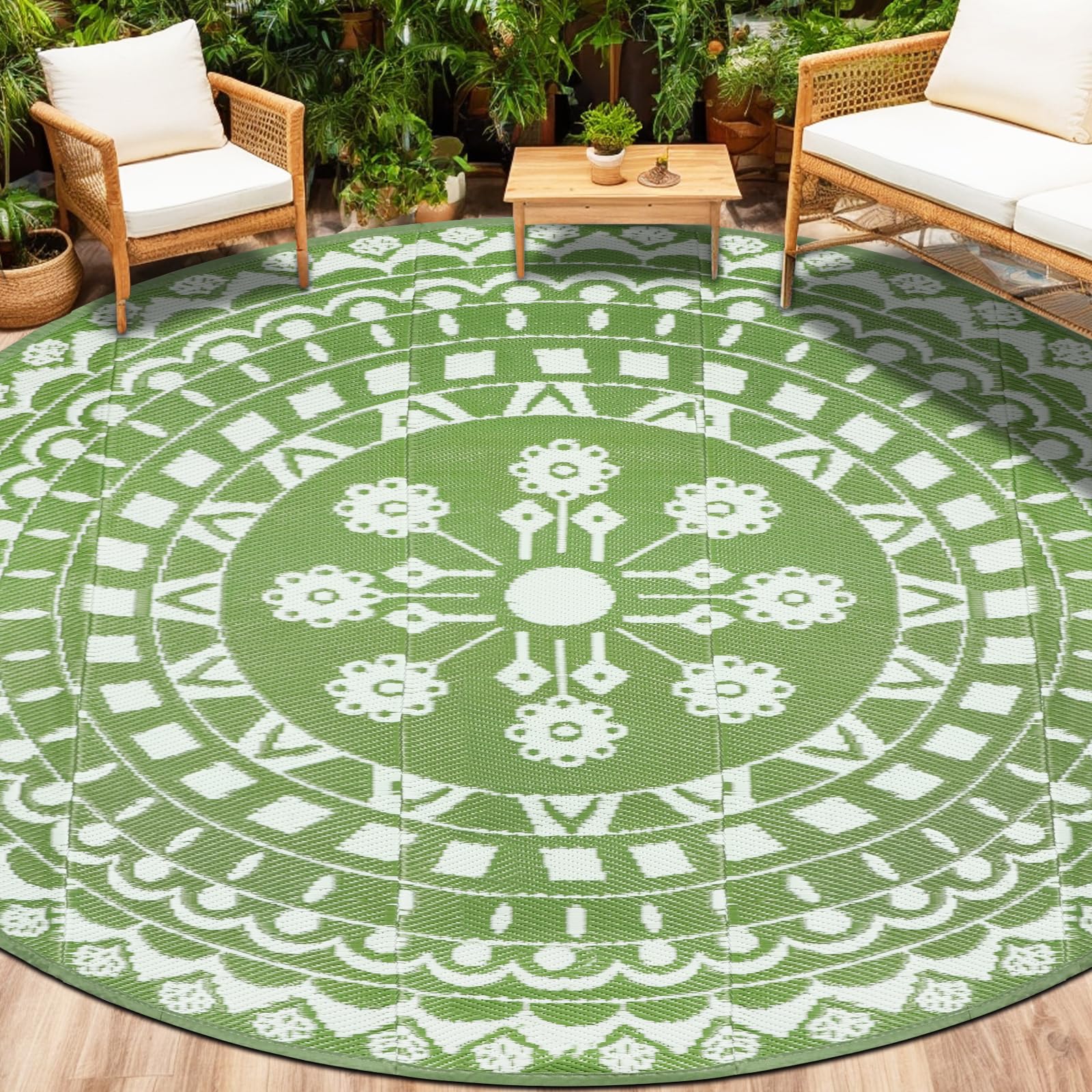 Capslpad Outdoor Teppich Rund 240 cm, Wetterfest Vorzeltteppich Camping Teppiche, Kunststoff Picknickdecke, Leichtgewicht Outdoorteppich für Balkon Picknick Camping Garten Terrasse Strand RV, Grün