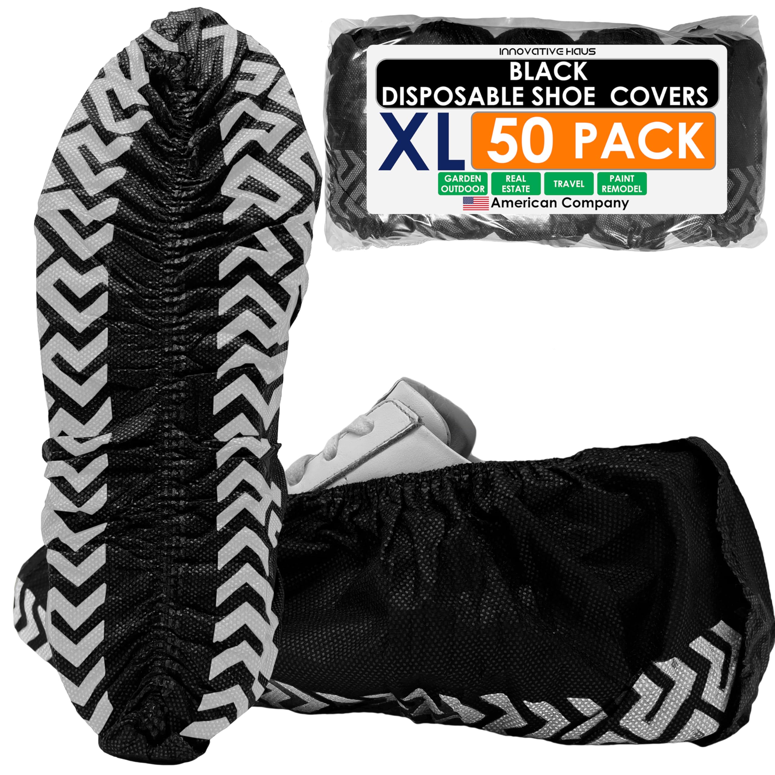Innovative Haus 50 Pack (25 Pairs) Black Extra Large Disposable Boot and Shoe Covers Disposable - Indoors Reusable Booties for Shoes Covers - Non Slip
