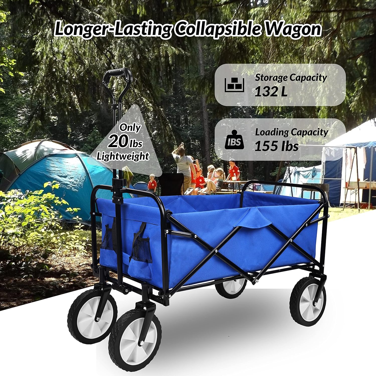 Elevon Heavy Duty Steel Frame Collapsible Folding 150 Pound Capacity Outdoor Camping Garden Utility Wagon Yard Cart, Blue